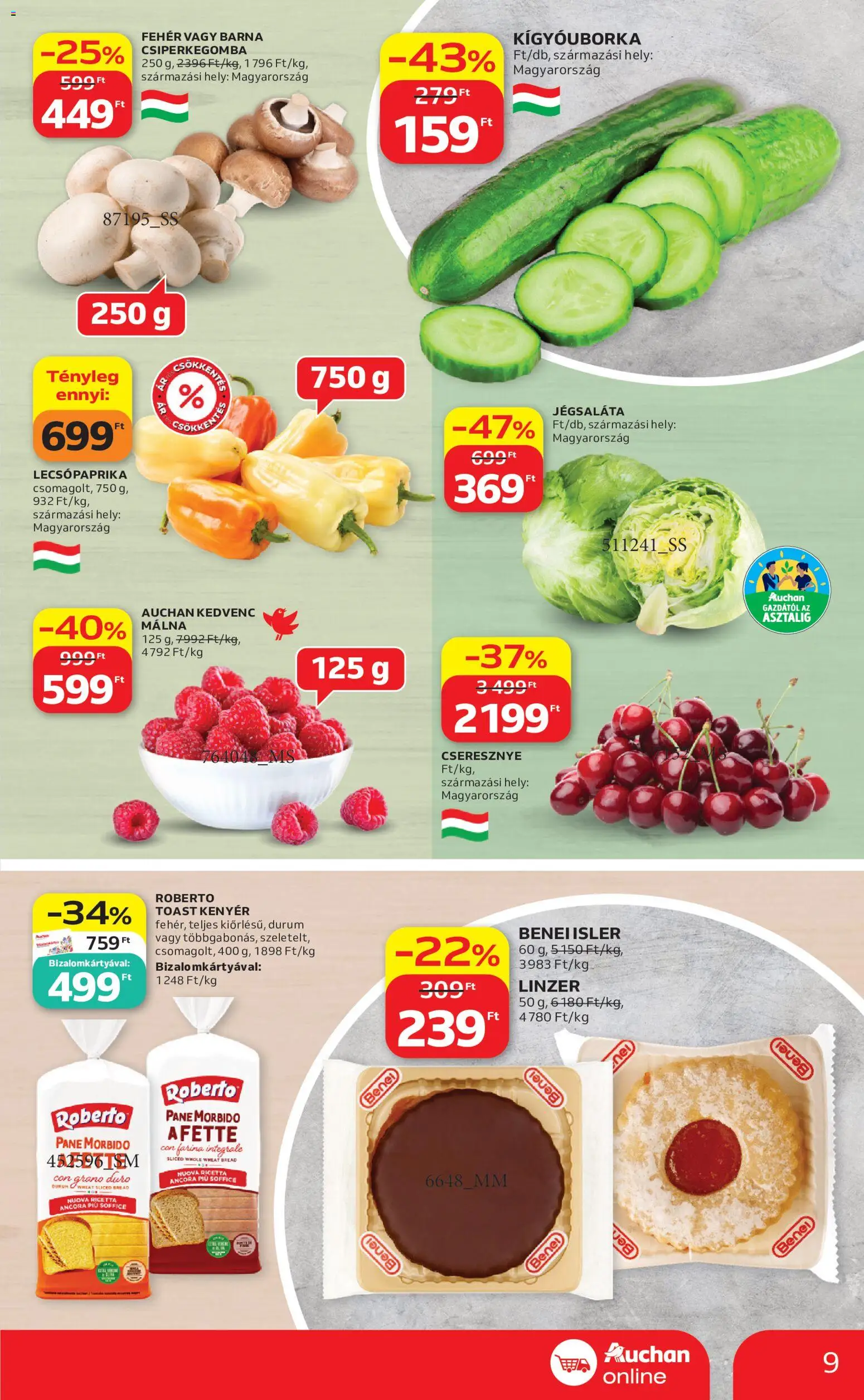 Auchan akciós ujság - amely érvényes a következő dátumtól: 11.06.2026 | Oldal: 9 | Termékek: Málna, Jégsaláta, Cseresznye, Linzer