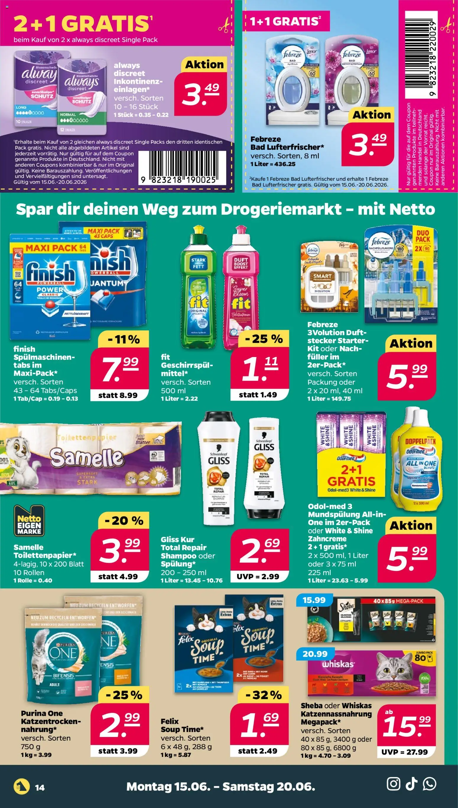 Netto Prospekt – gültig ab 15.06.2026 | Seite: 16 | Produkte: Lenor, Spulmaschinen tabs, Finish, Shampoo