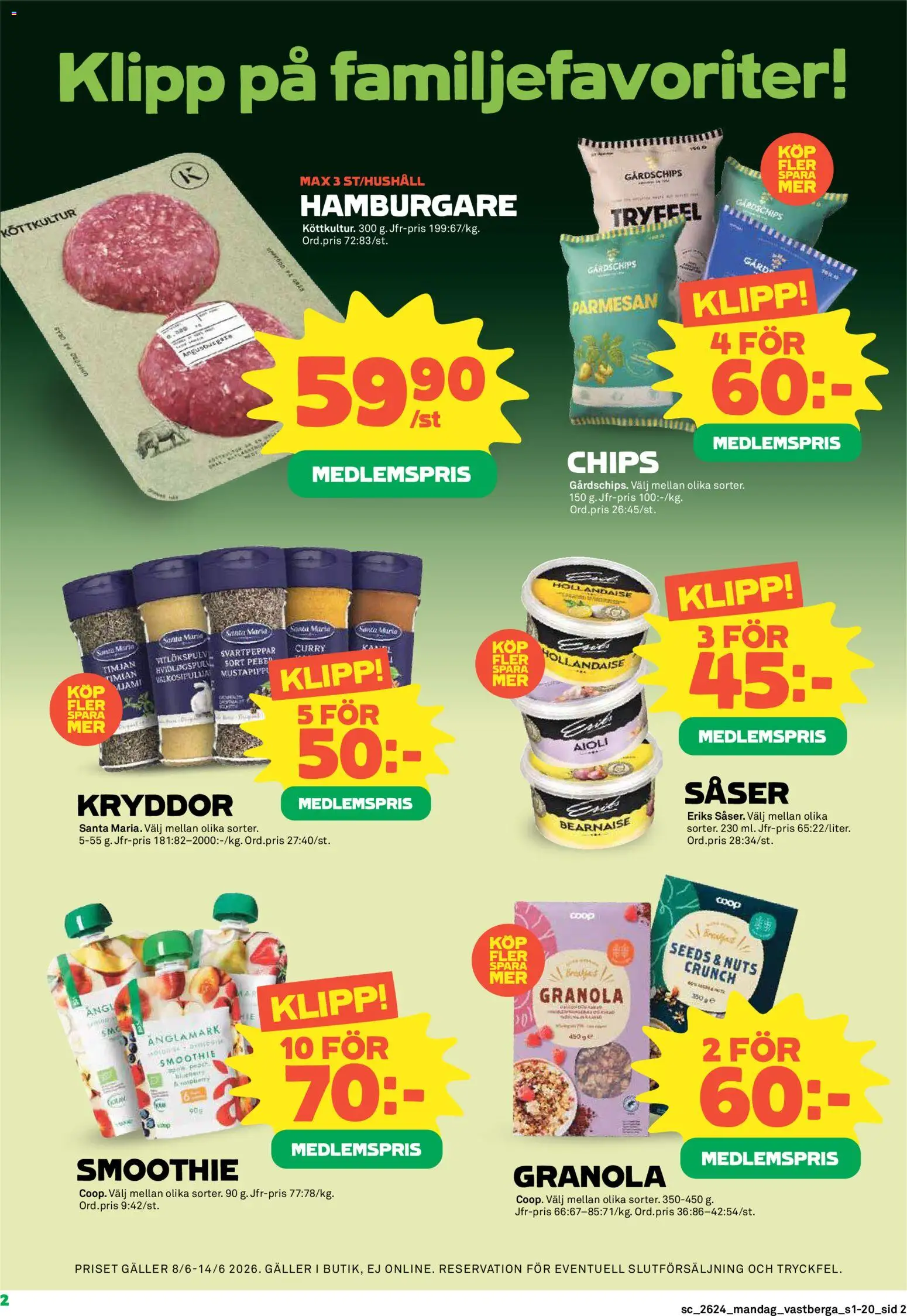 Coop Forum reklamblad aktuell från 08.06.2026 | Sida: 2 | Produkter: Timjan, Hamburgare, Galler, Granola