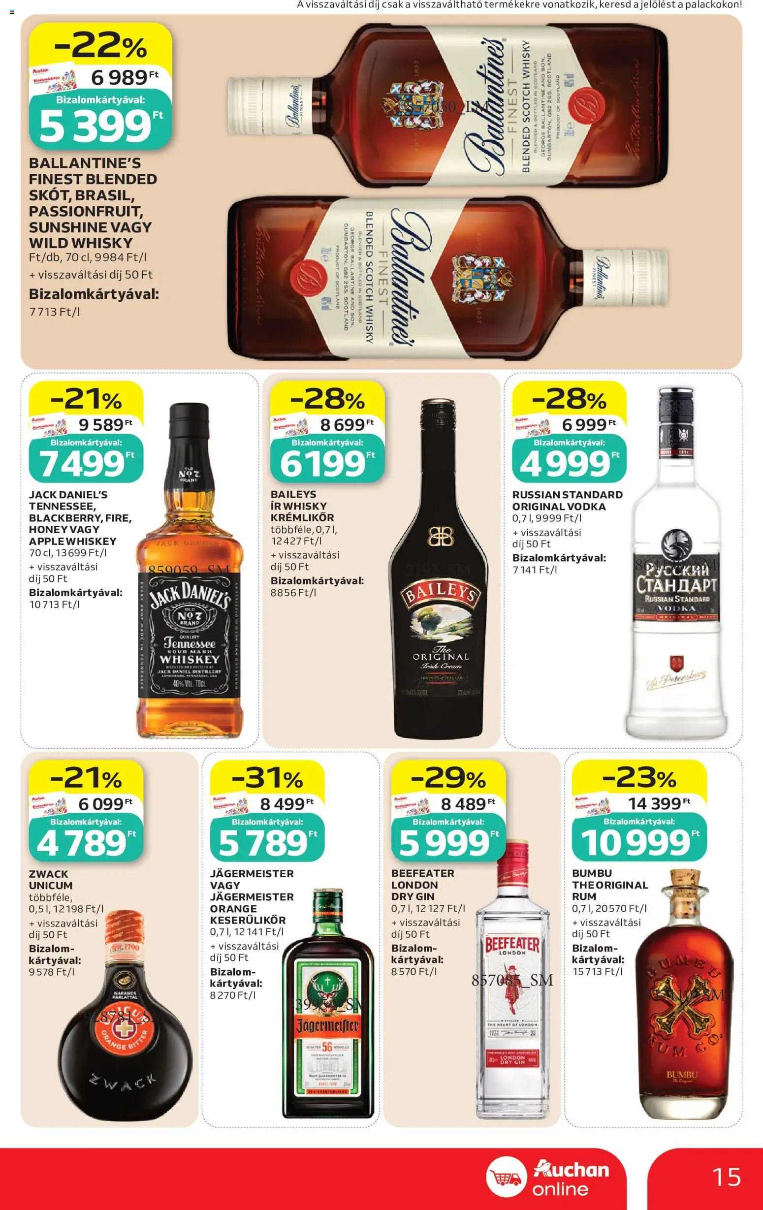 Auchan akciós ujság - amely érvényes a következő dátumtól: 2026.10.01. | Oldal: 15 | Termékek: Unicum, Whiskey, Jack Daniel’s, Gin