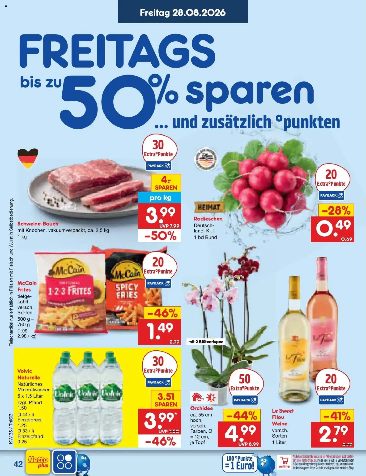 Netto Marken-Discount Prospekt Pirna (ab 24.08.2026) » Angebote | Seite: 56 | Produkte: Schweinebauch, McCain, Mineralwasser, Wurst