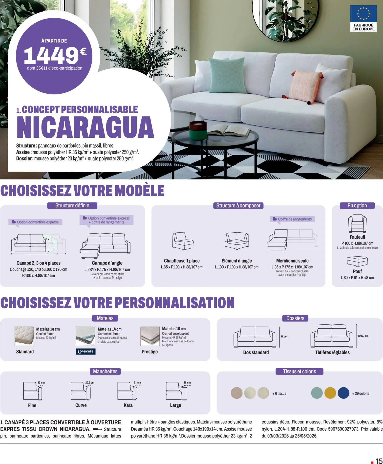 {H1} | Page: 15 | Produits: Plateau, Matelas, Canapé, Fauteuil
