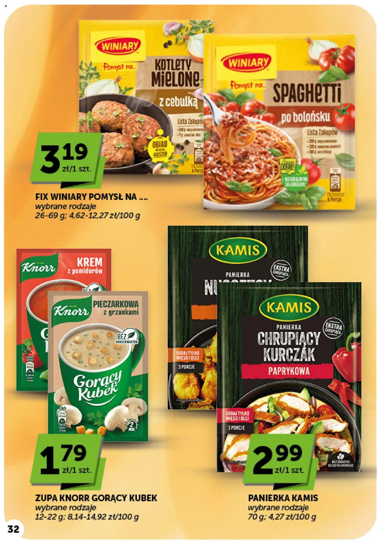 Groszek gazetka od 08.10.2026 | Strona: 32 | Produkty: Spaghetti, Mięso, Olej, Krem