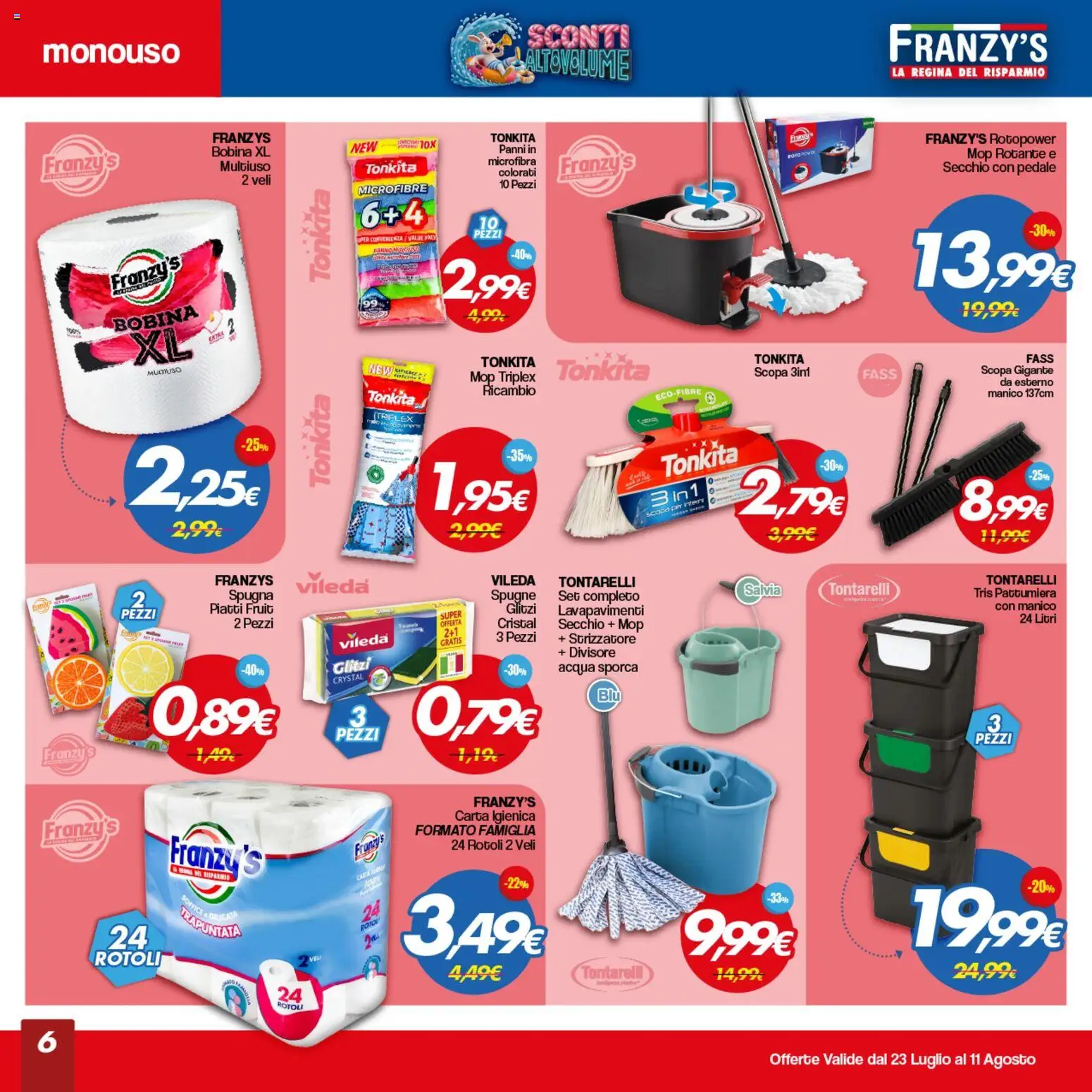 Volantino Franzy's del 23/07/2026 | Pagina: 6 | Prodotti: Carta igienica, Acqua, Scopa, Secchio