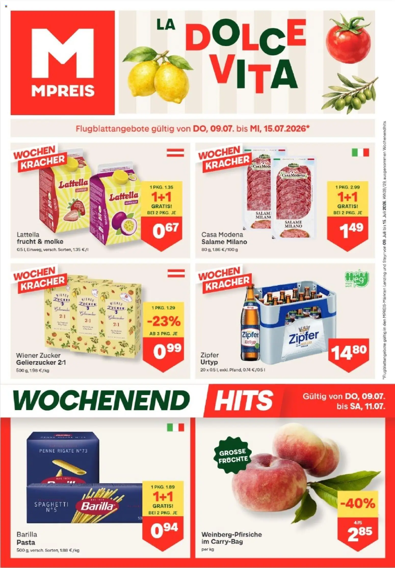 MPREIS Lenzing gültig ab 09.07.2026 | Seite: 1 | Produkte: Pasta, Zucker, Hajdina liszt, Salami