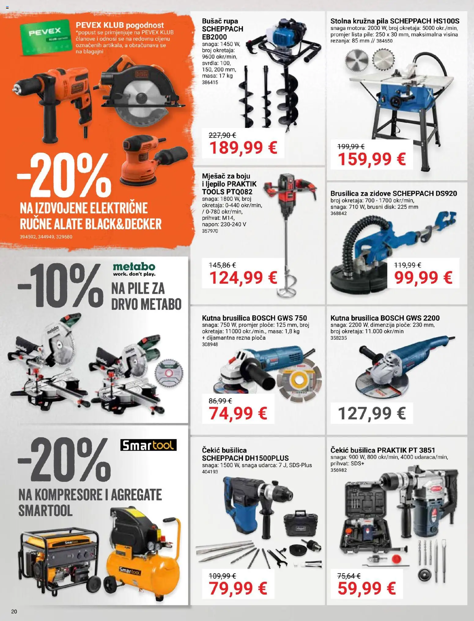 Pevex katalog | vrijedi od 27.08.2026 | Stranica: 20 | Proizvodi: Kutna brusilica, Stolna kružna pila, Bušilica, Disk