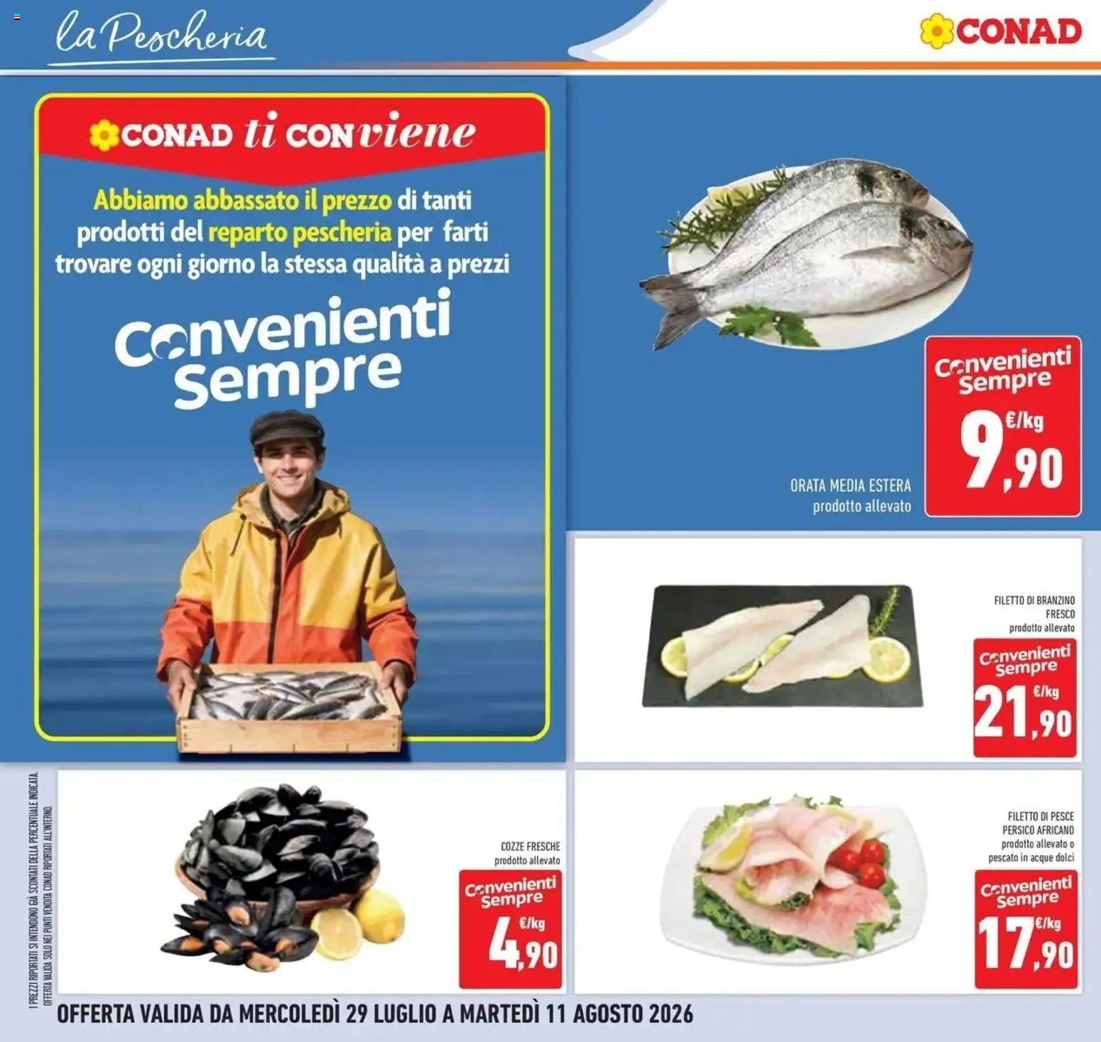 Volantino Conad del 29/07/2026 | Pagina: 14 | Prodotti: Pesce, Cozze, Branzino, Dolci
