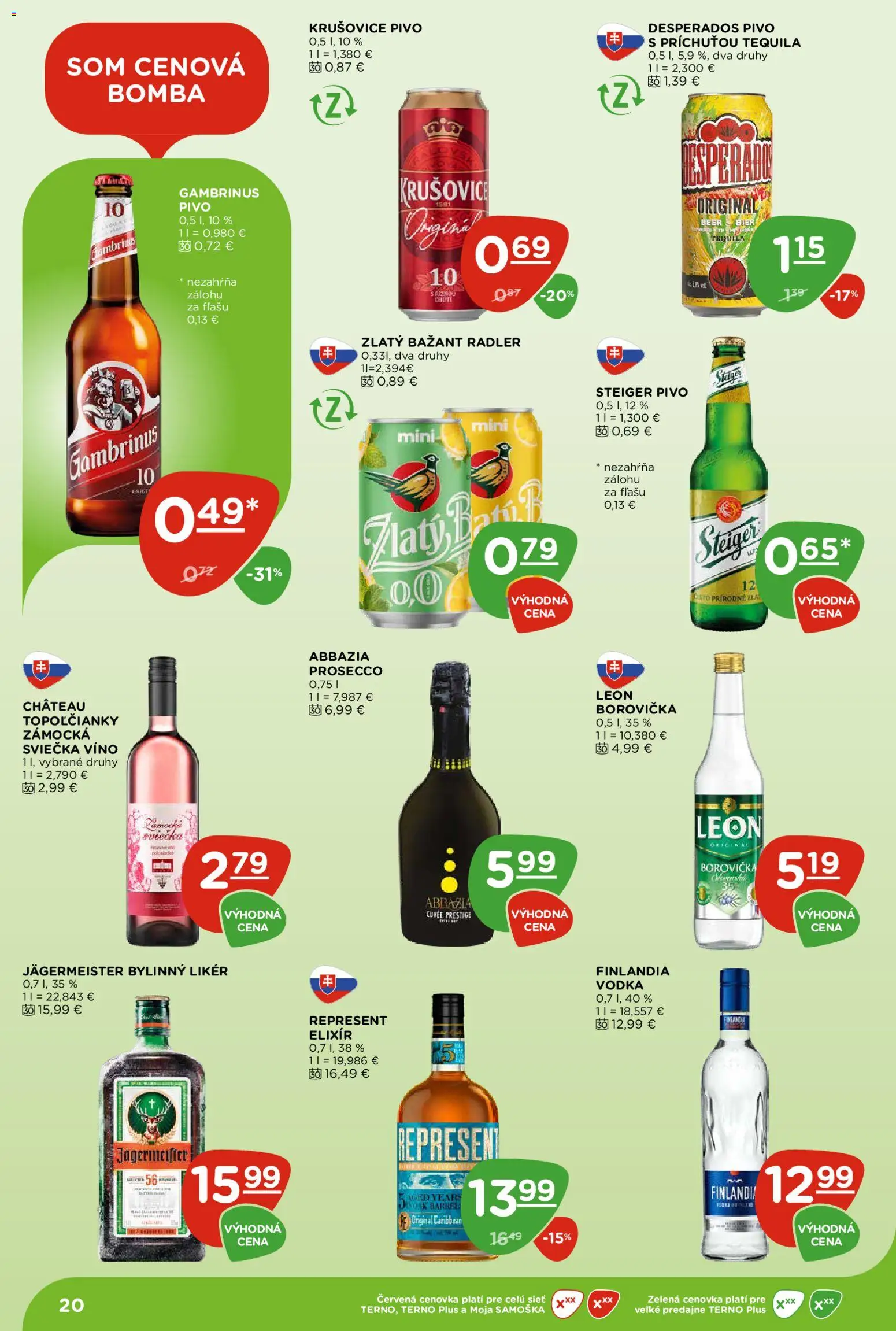 Nové Terno akcie – leták je platný od 24.09.2026 | Strana: 20 | Produkty: Desperados, Borovička, Krušovice, Zlatý Bažant