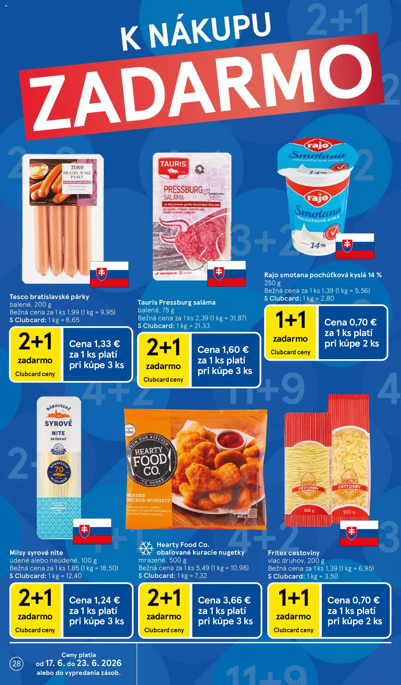 Nové Tesco akcie – leták je platný od 17.06.2026 | Strana: 28 | Produkty: Saláma, Cestoviny, Smotana, Párky