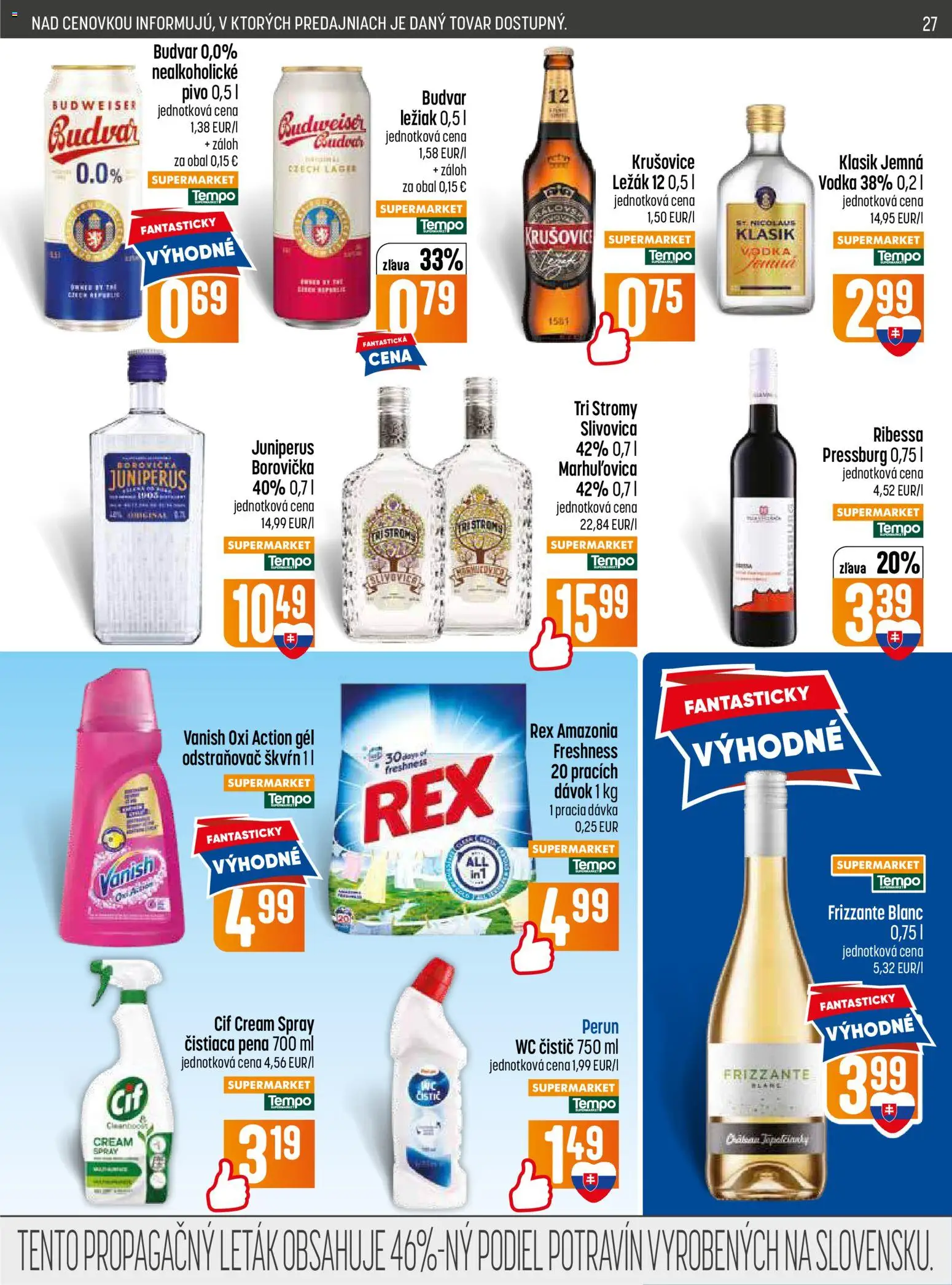 Nové COOP Jednota akcie – leták je platný od 11.06.2026 | Strana: 27 | Produkty: Borovička, Krušovice, Budvar, Vodka