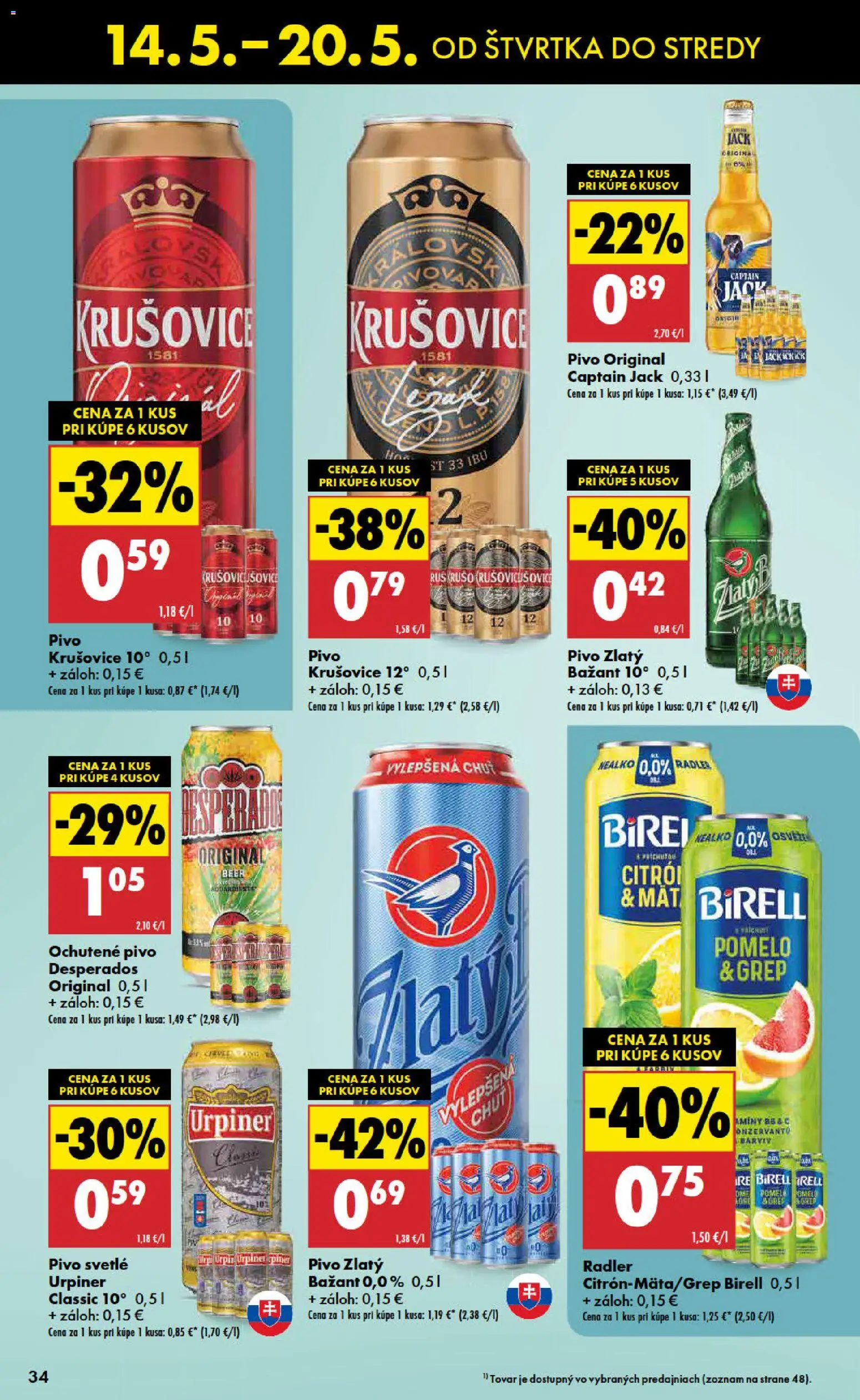 Nové Biedronka akcie – leták je platný od 14.05.2026 | Strana: 34 | Produkty: Pivo, Birell, Radler, Krušovice