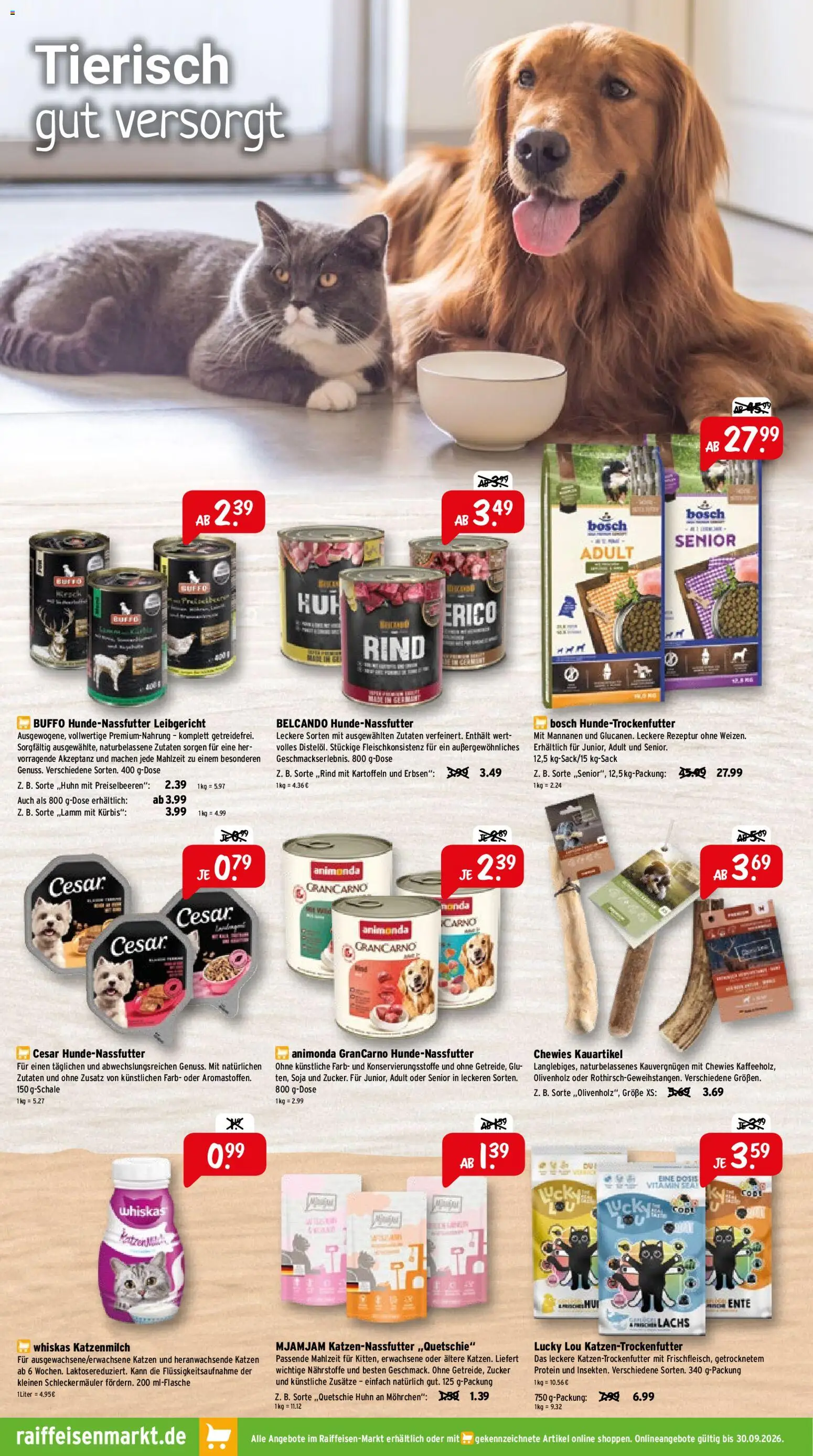 Raiffeisen Markt Prospekt – gültig ab 01.09.2026 | Seite: 4 | Produkte: Preiselbeeren, Lachs, Zucker, Whiskas