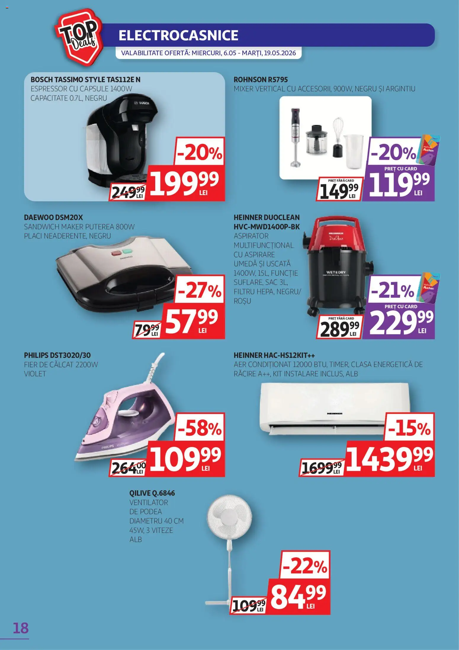 Noul catalog Auchan – valabil de la 06.05.2026 | Pagină: 18 | Produse: Espressor, Fier de călcat, Aer Condiționat, Ventilator