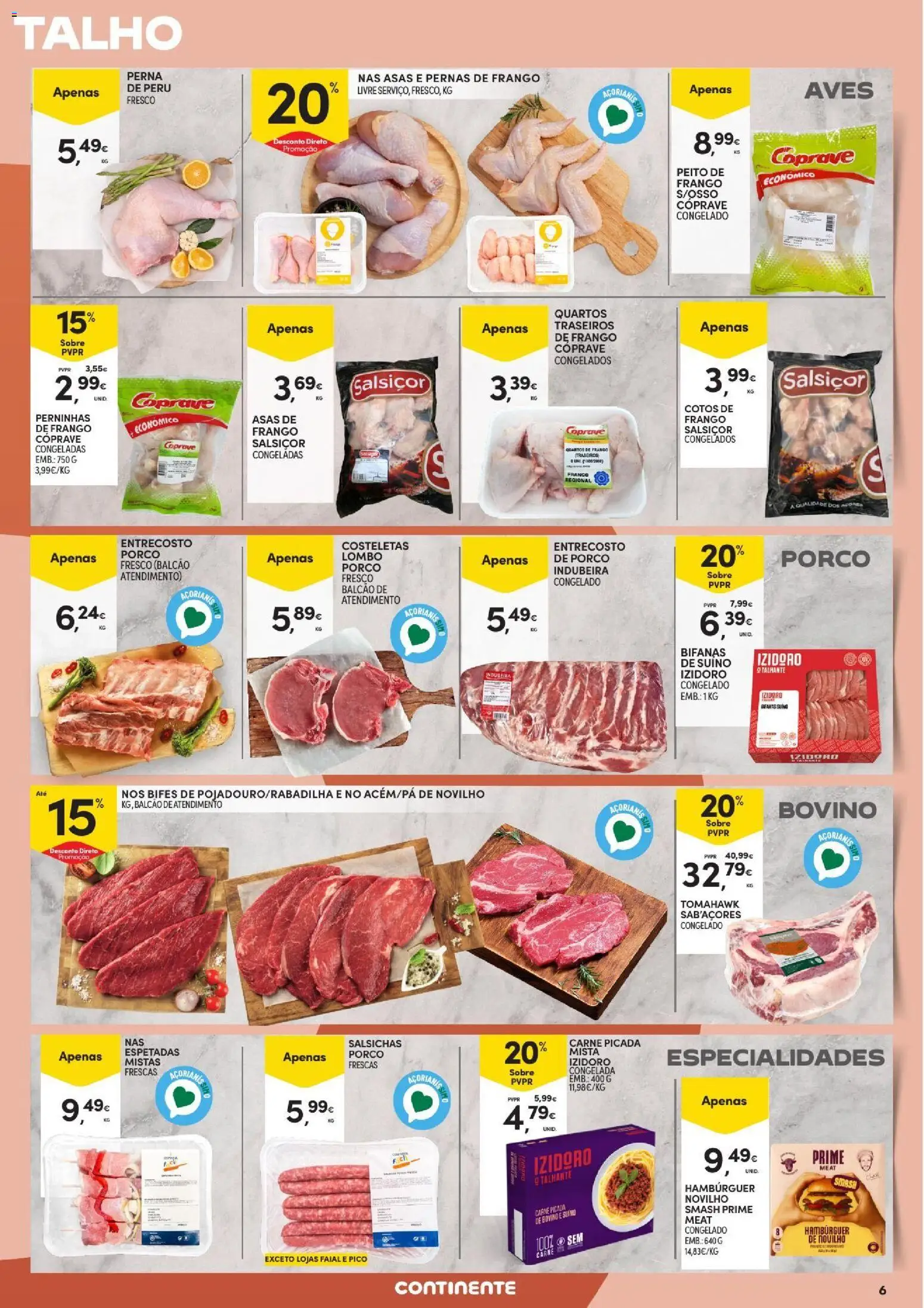 Continente - Açores Folheto Quinzenal │ válido de 23/07/2026 | Página: 6 | Produtos: Peito de frango, Peru, Hambúrguer, Lombo