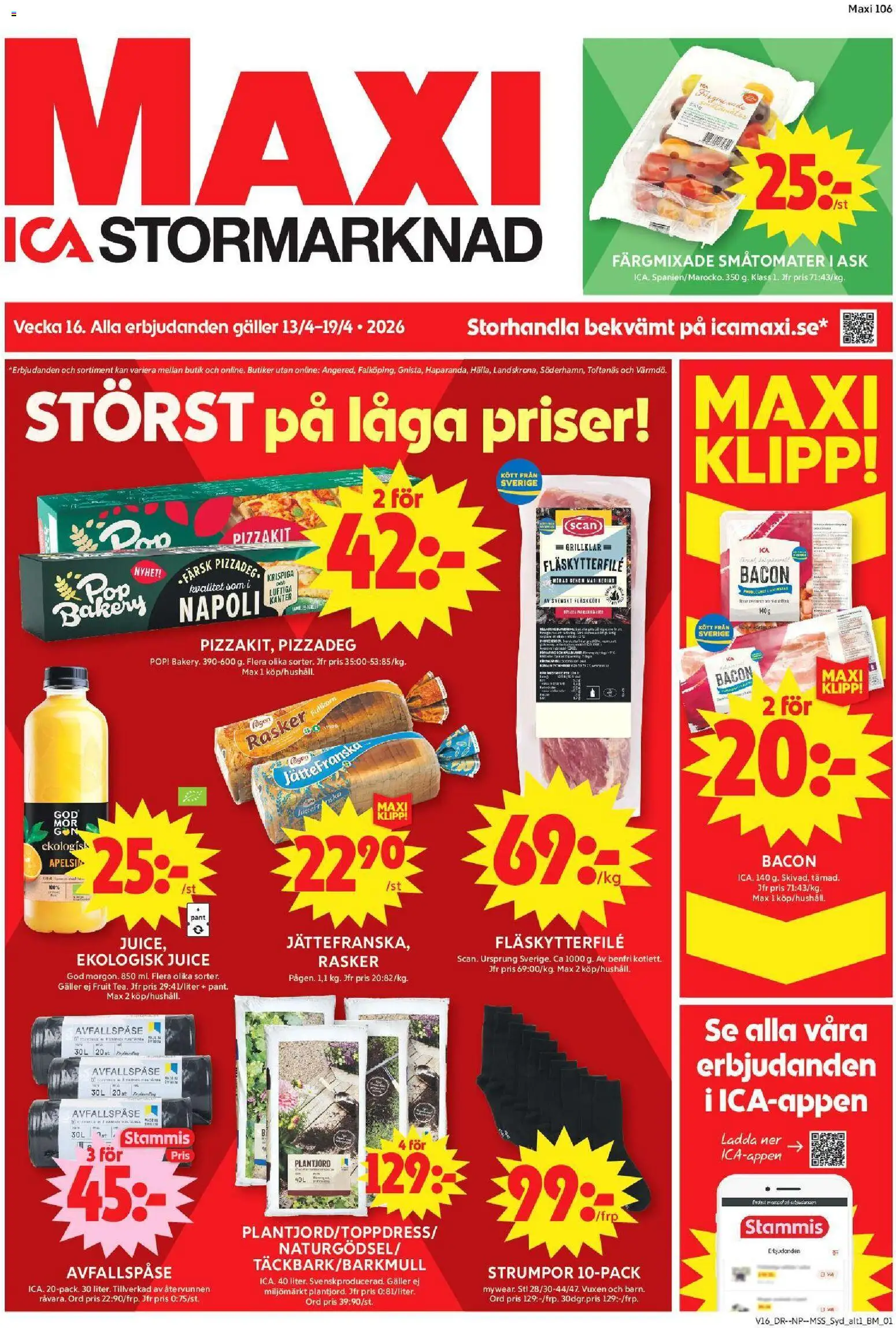 ICA Maxi reklamblad aktuell från 13.04.2026 | Sida: 1 | Produkter: Galler, Strumpor, Juice, Apelsin