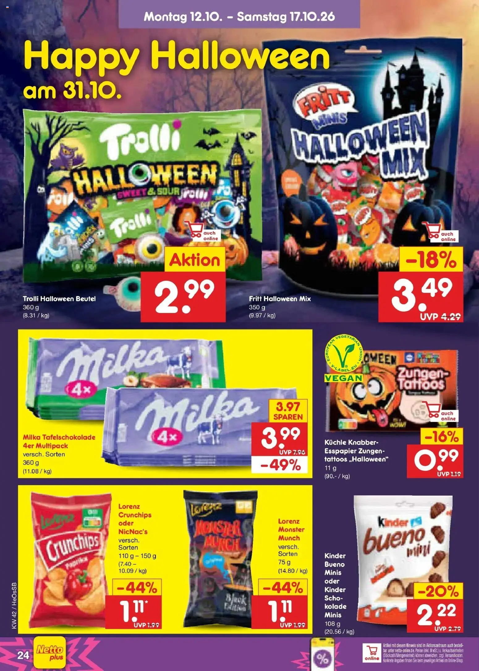 Netto Marken-Discount Prospekt Rostock – gültig ab 12.10.2026 | Seite: 32 | Produkte: Kinder bueno, Milka, Monster, Lorenz crunchips