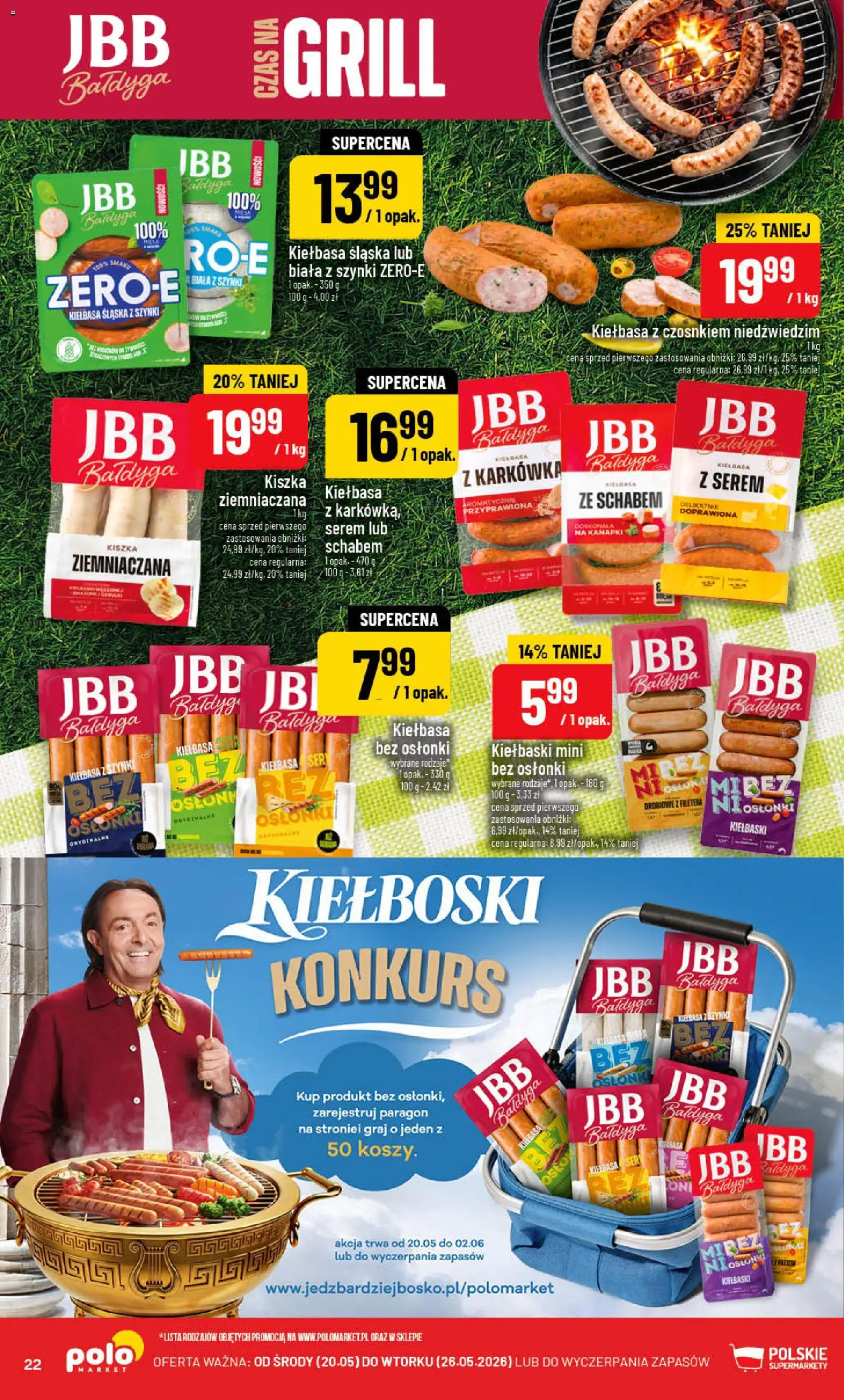 POLOmarket gazetka od 20.05.2026 | Strona: 22 | Produkty: Karkówka, Kiełbaski, Kiełbasa śląska, Ser