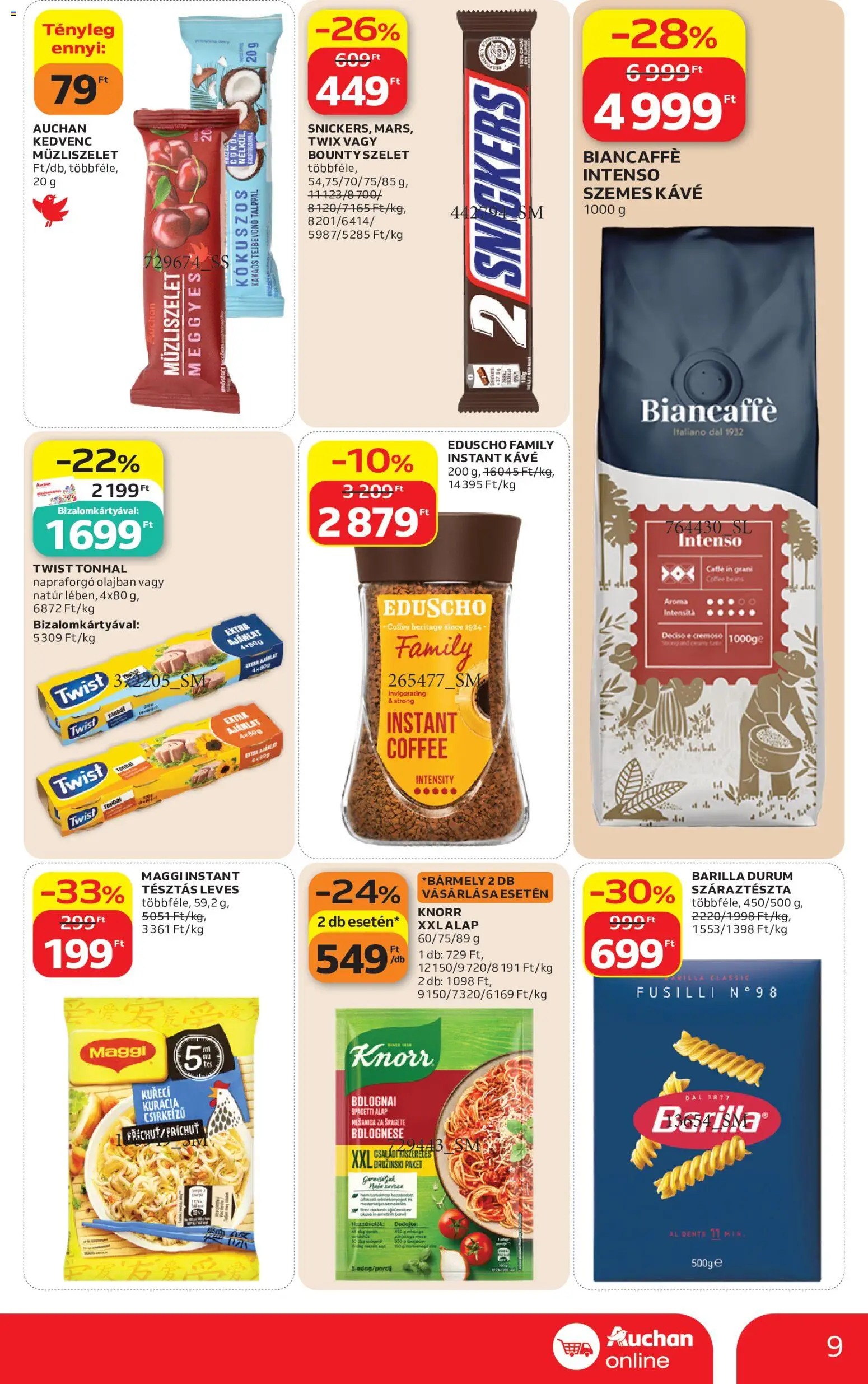 Auchan akciós ujság - amely érvényes a következő dátumtól: 28.05.2026 | Oldal: 9 | Termékek: Spagetti, Tonhal, Müzliszelet, Instant kávé