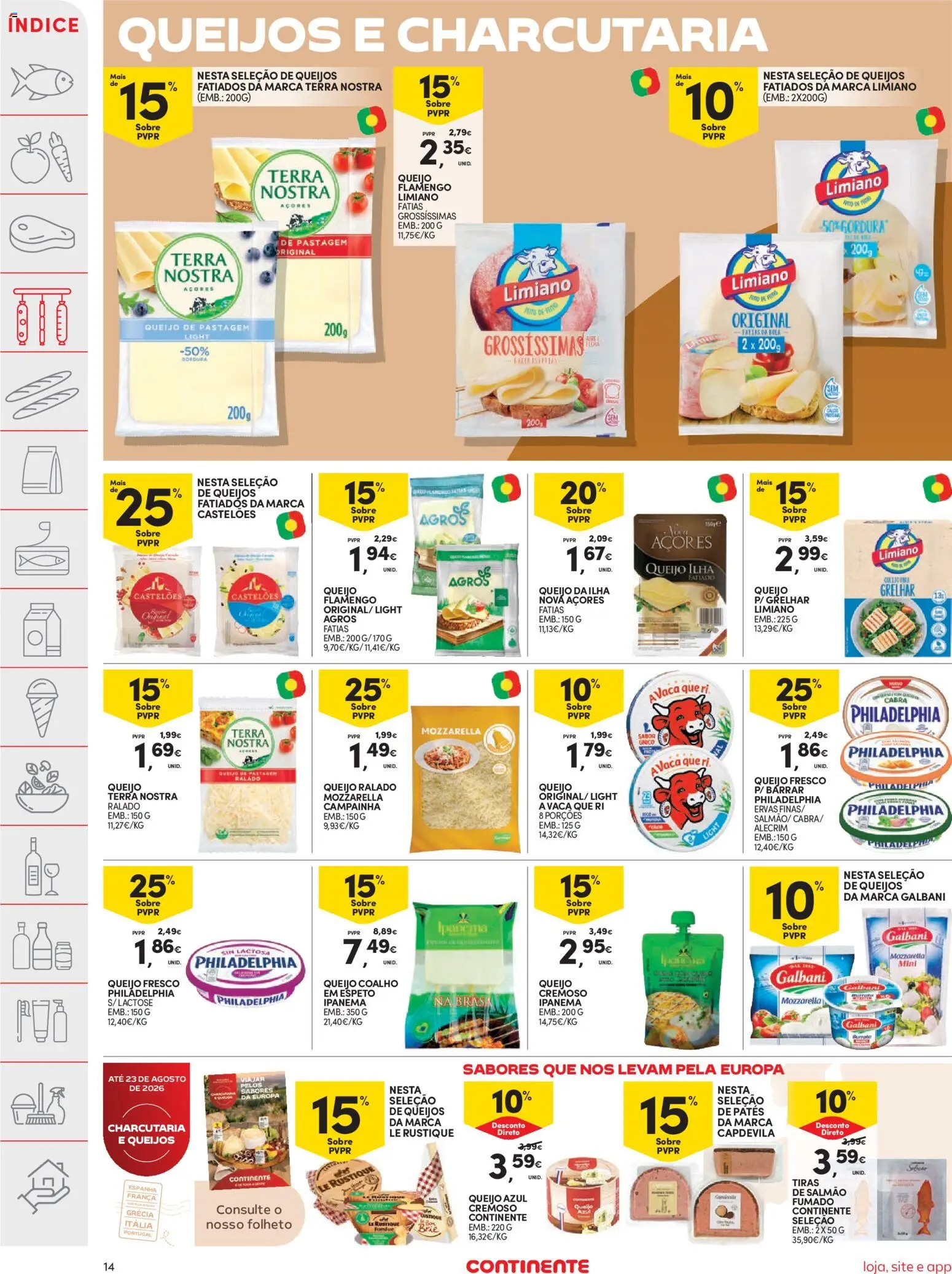 Continente folheto │ válido de 18/08/2026 | Página: 14 | Produtos: Queijo Philadelphia, Queijo ralado, Campainha, Salmão