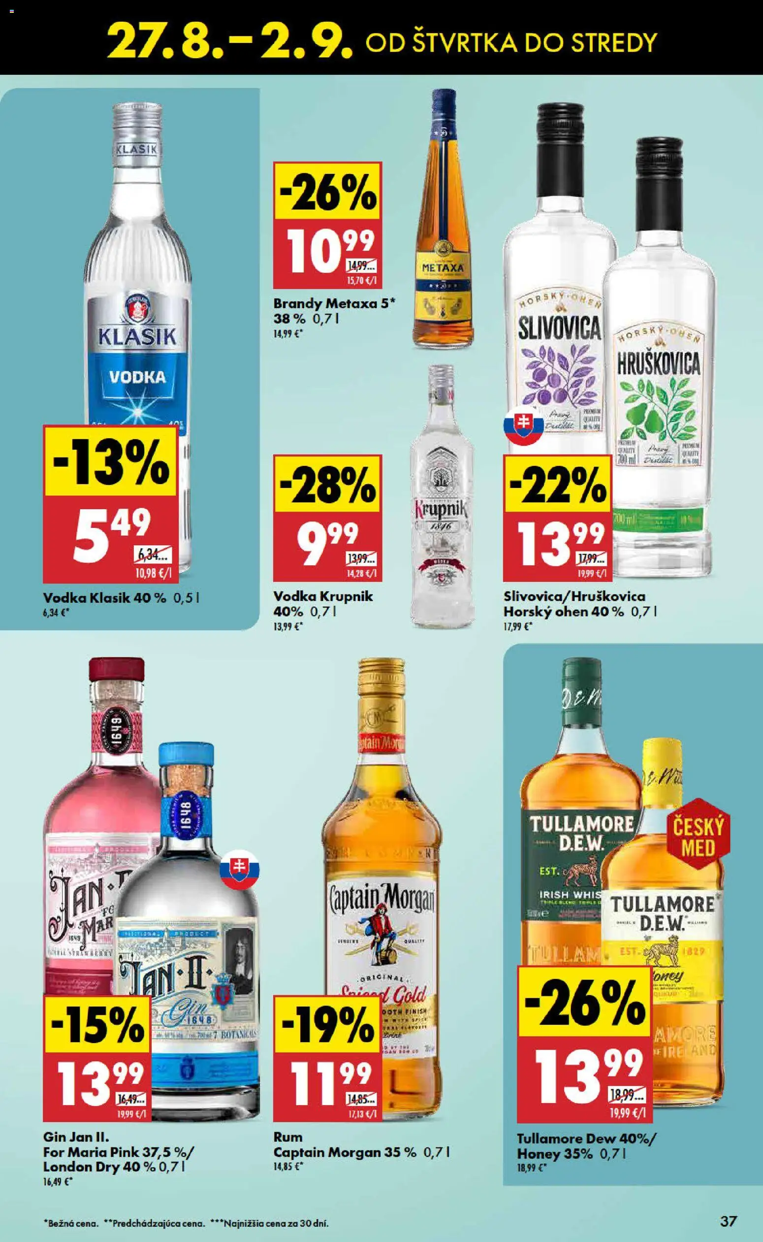 Nové Biedronka akcie – leták je platný od 27.08.2026 | Strana: 37 | Produkty: Captain Morgan, Slivovica, Metaxa 5*, Brandy
