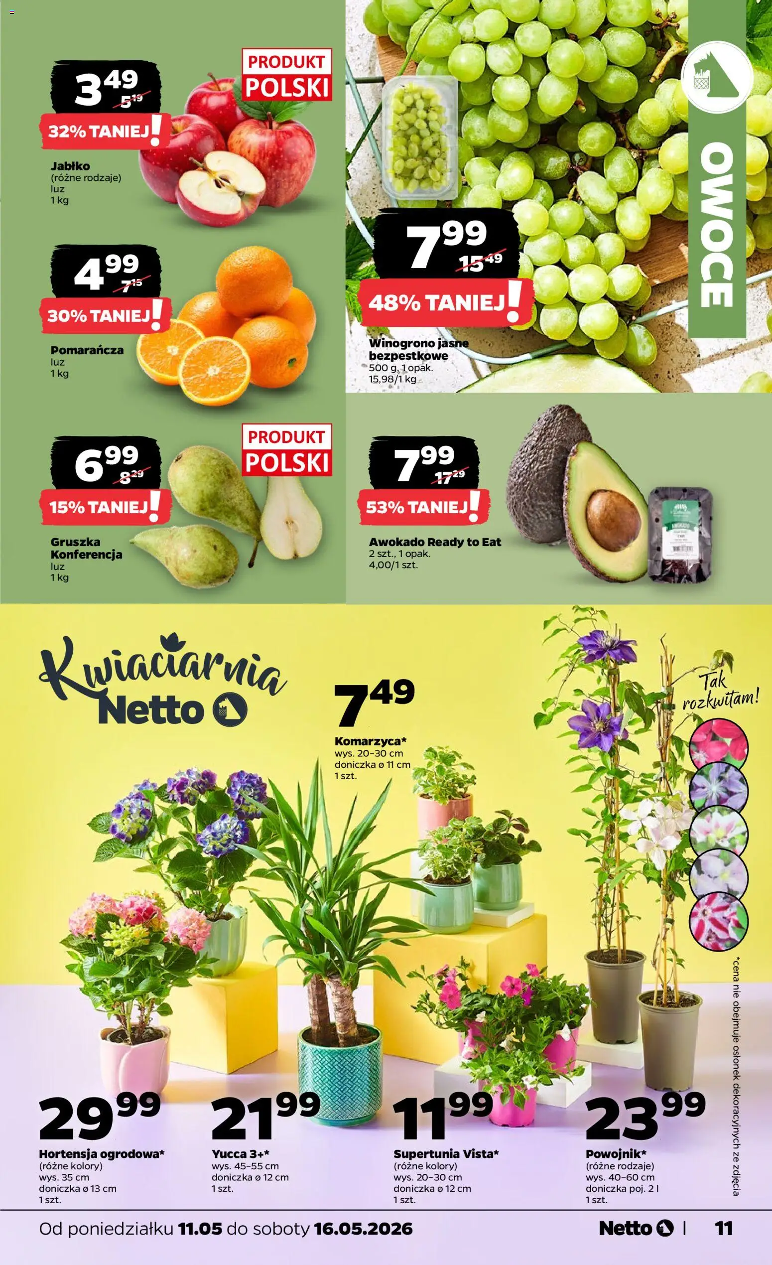 Netto gazetka od poniedziałku spożywcza od 11.05.2026 | Strona: 11 | Produkty: Gruszka, Winogrono, Doniczka, Awokado
