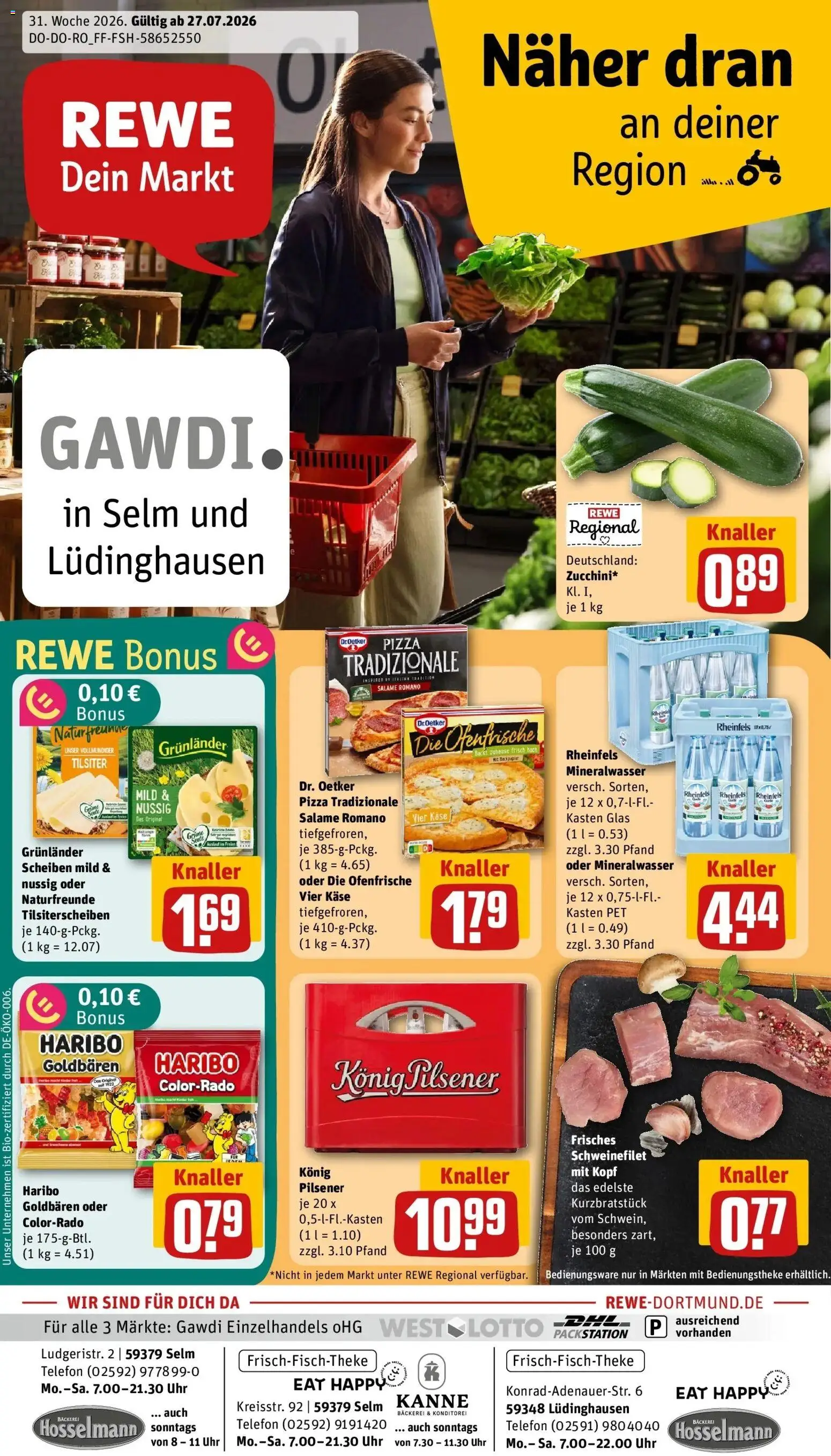 Rewe Prospekt Selm – gültig ab 27.07.2026 | Seite: 1 | Produkte: Käse, Schweinefilet, Telefon, Uhr