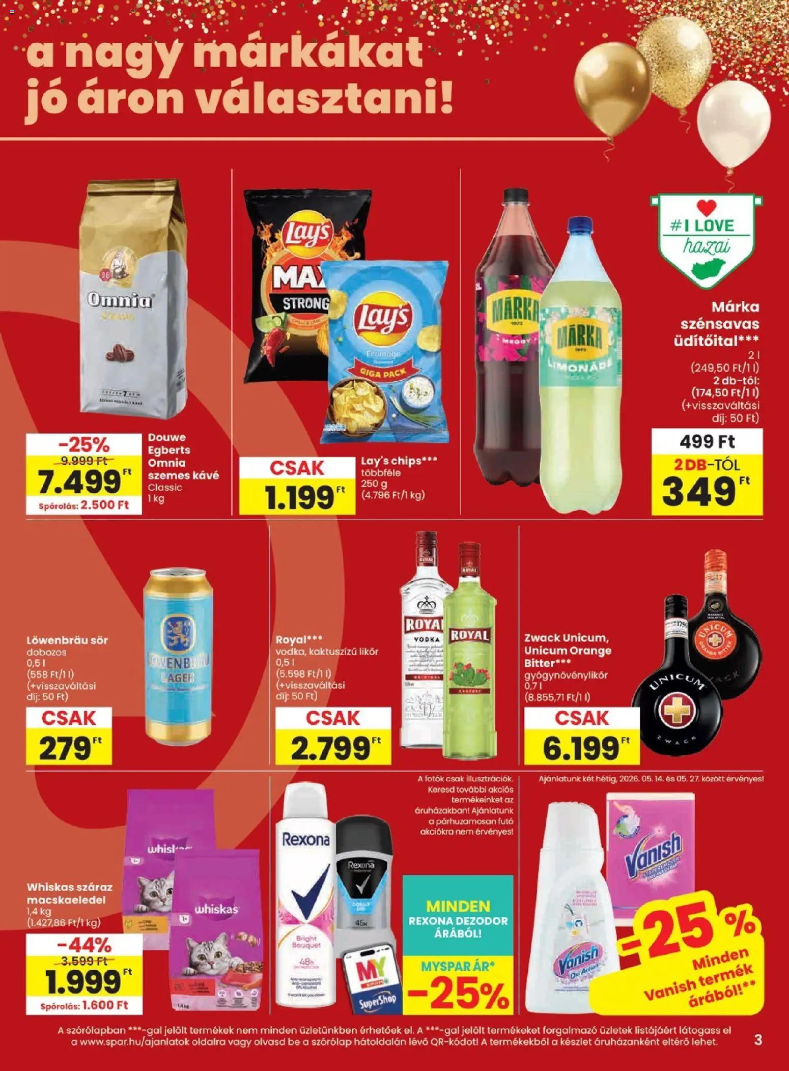 Spar akciós ujság - amely érvényes a következő dátumtól: 14.05.2026 | Oldal: 3 | Termékek: Macskaeledel, Limonádé, Szemes kávé, Vodka
