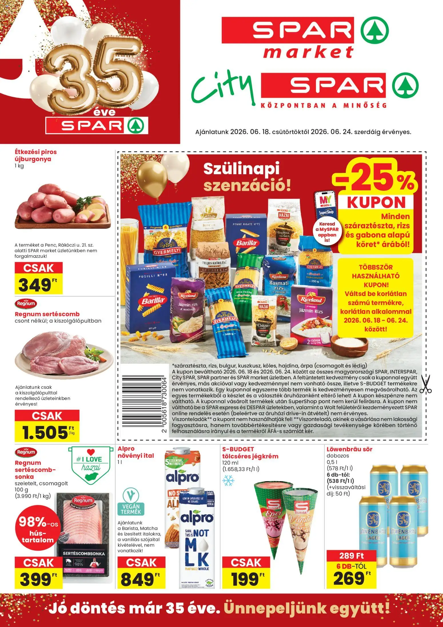 Spar Market akciós ujság - amely érvényes a következő dátumtól: 18.06.2026 | Oldal: 1 | Termékek: Hús, Sör, Tészta, Jégkrém