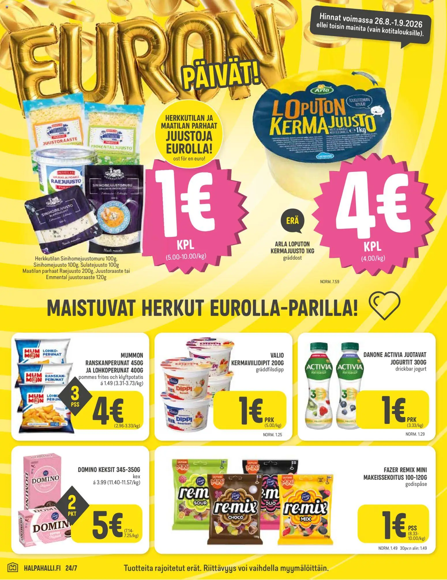 Halpa Halli - viikkokuvasto – voimassa 26/08/2026 alkaen | Sivu: 2 | Tuotteet: Ranskanperunat, Emmental, Keksit, Raejuusto