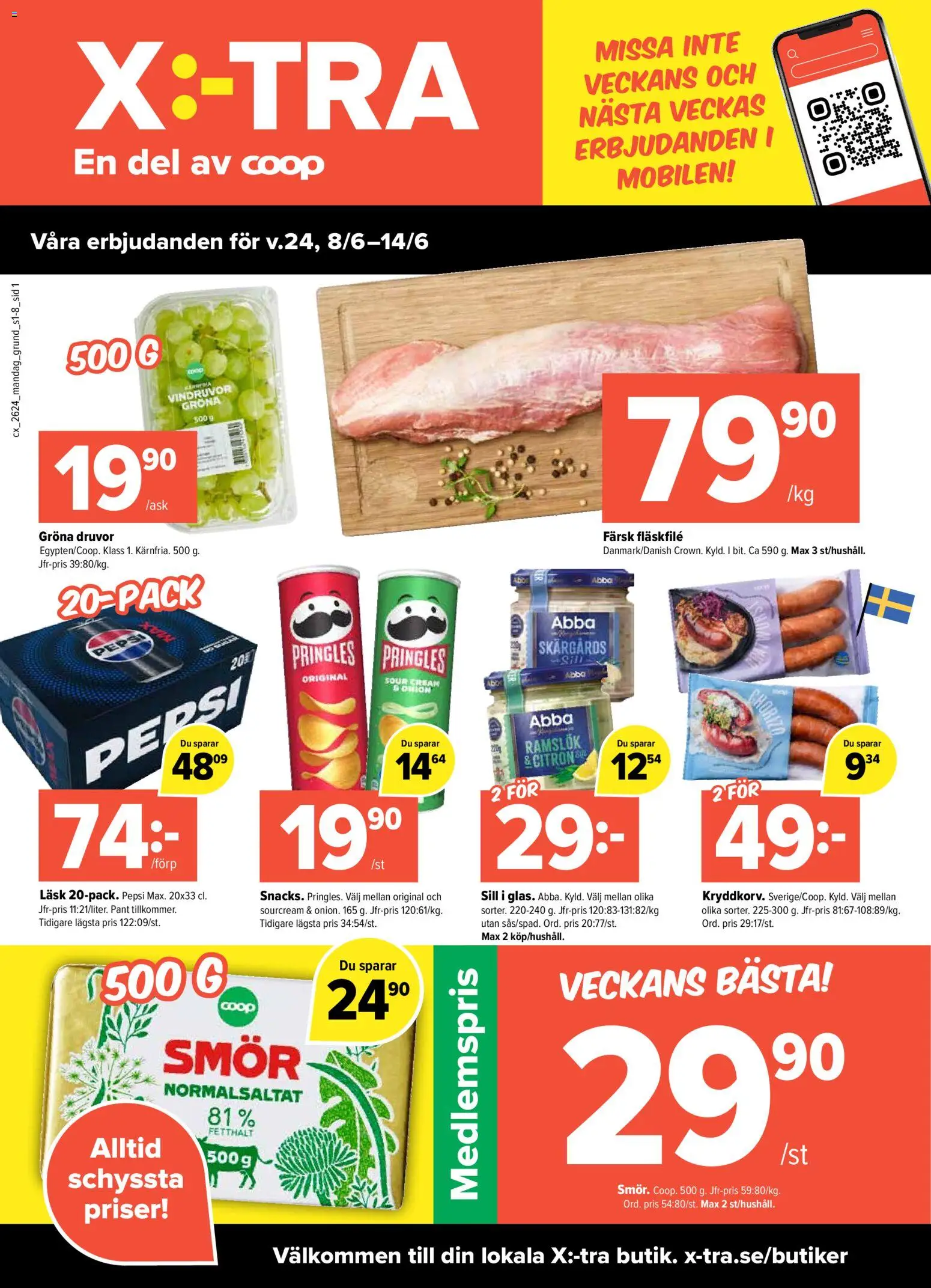 Coop X:-TRA reklamblad aktuell från 08.06.2026 | Sida: 1 | Produkter: Pringles, Vindruvor, Sill, Smör