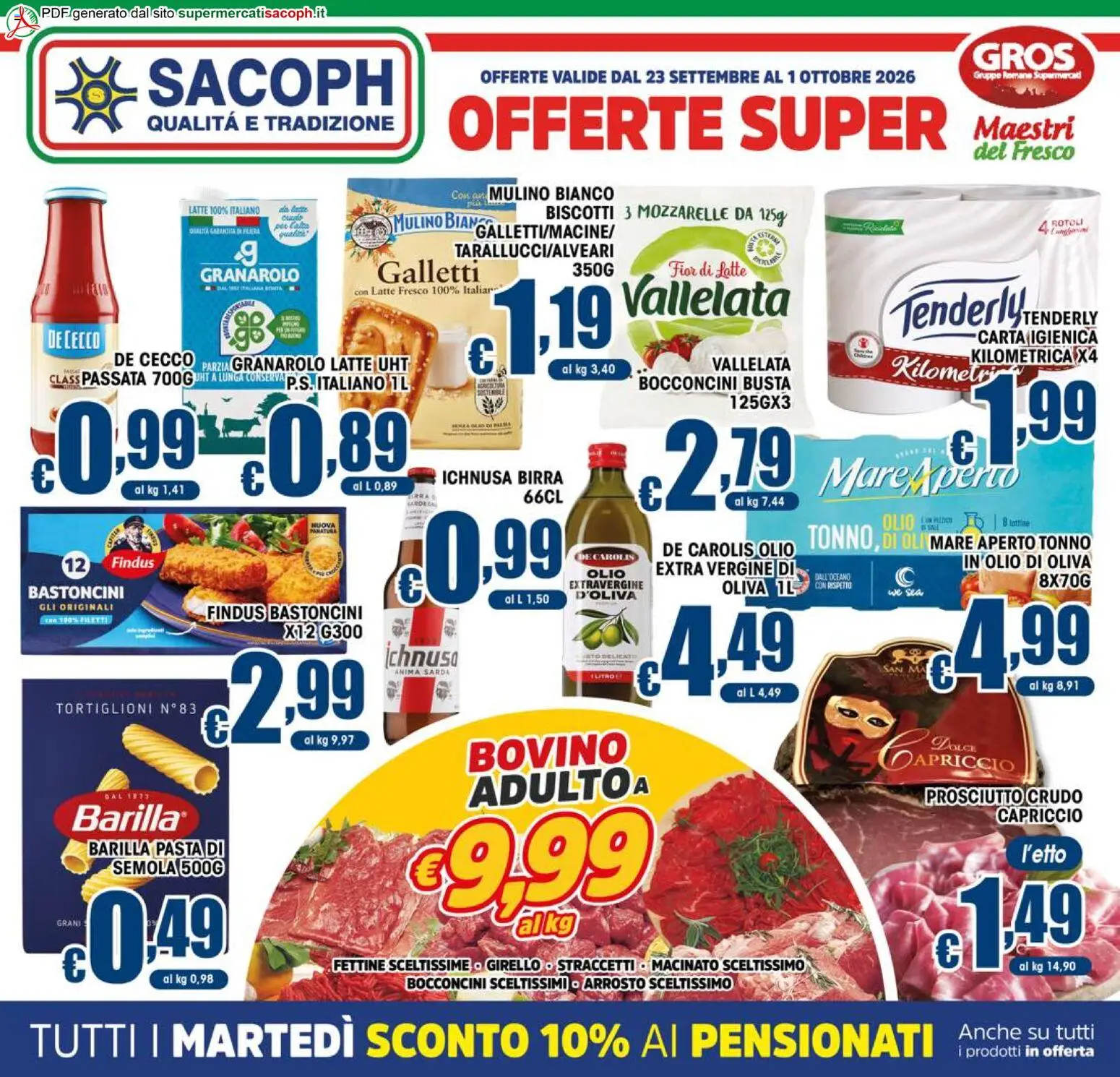 Volantino Sacoph del 23/09/2026 | Pagina: 1 | Prodotti: Prosciutto Crudo, Pasta di semola, Pasta, Tonno