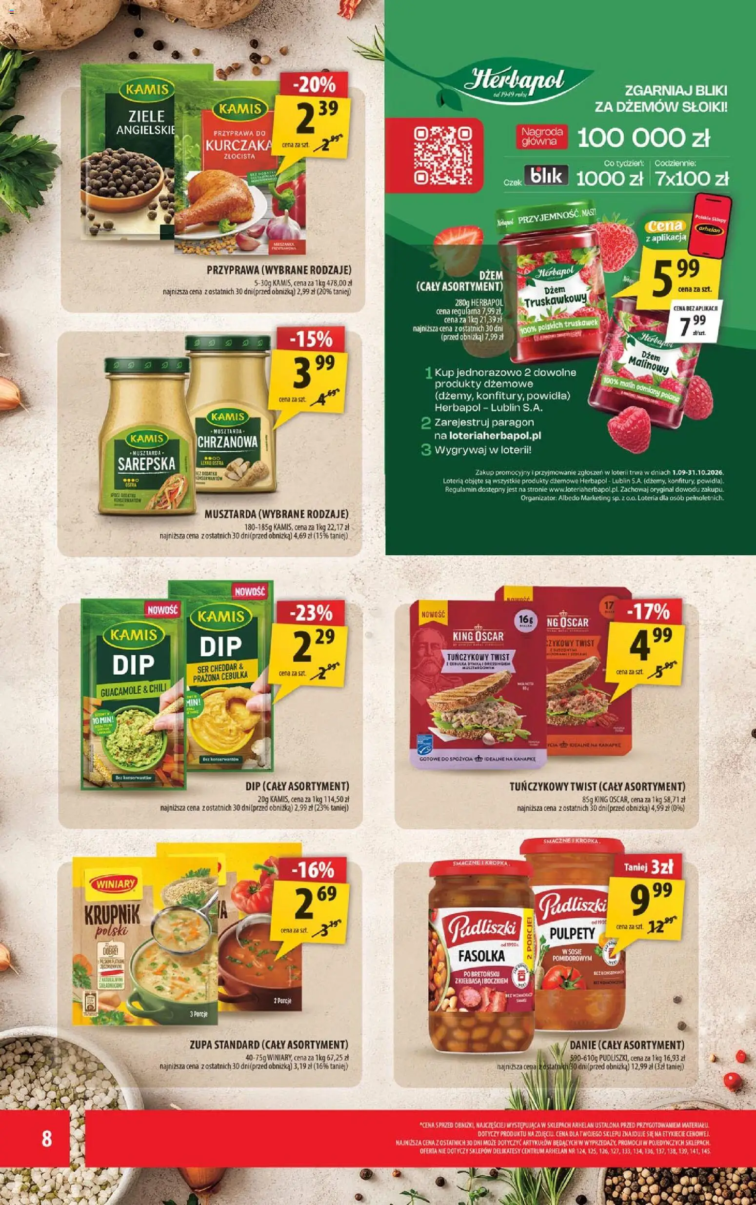 Arhelan gazetka od 25.09.2026 | Strona: 8 | Produkty: Dżem malinowy, Guacamole, Musztarda, Ser cheddar