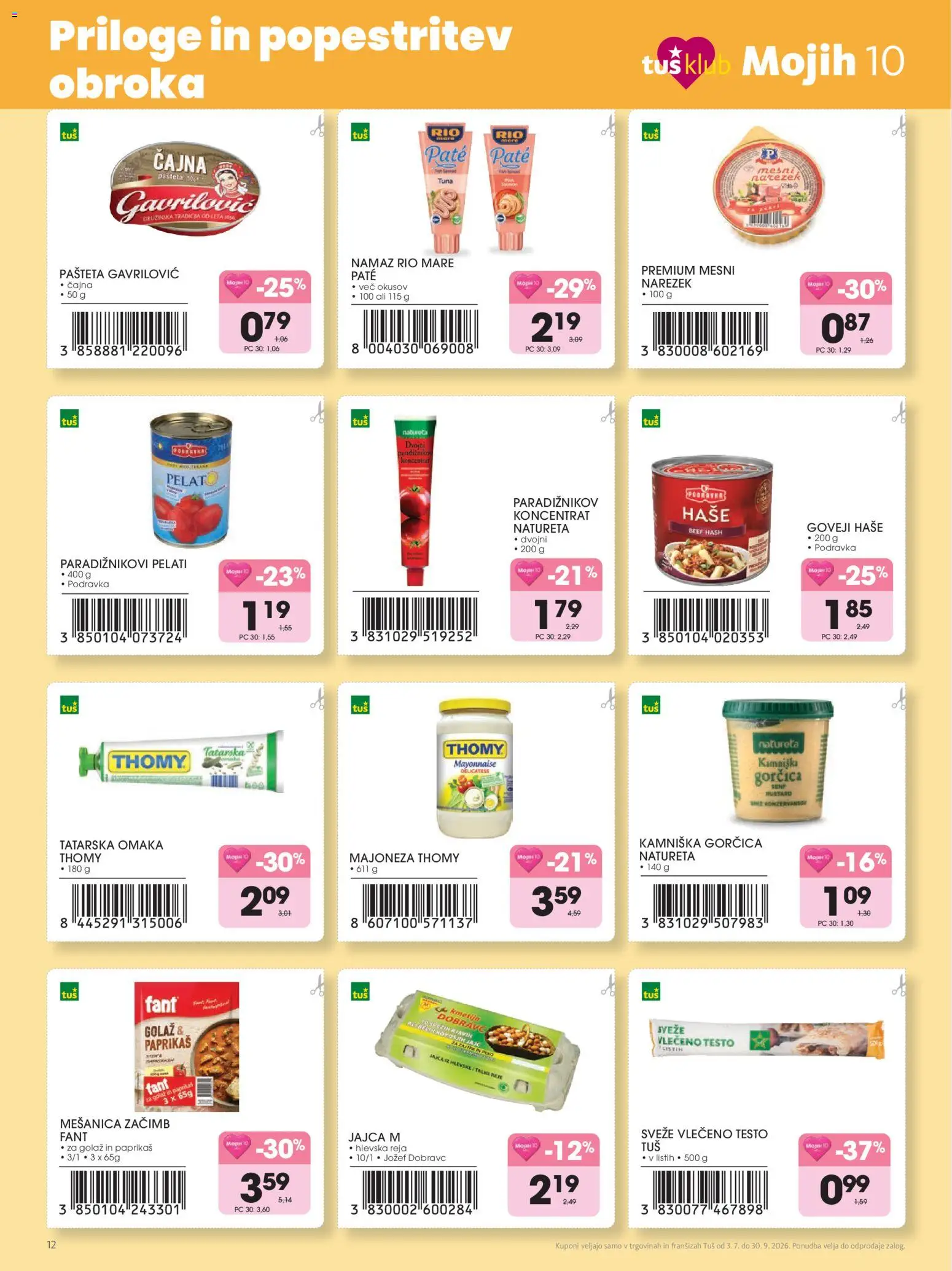 Novi Tuš katalog ponudbe – veljaven od 03.07.2026 | Stran: 12 | Izdelki: Namaz, Gorčica, Jajca, Majoneza
