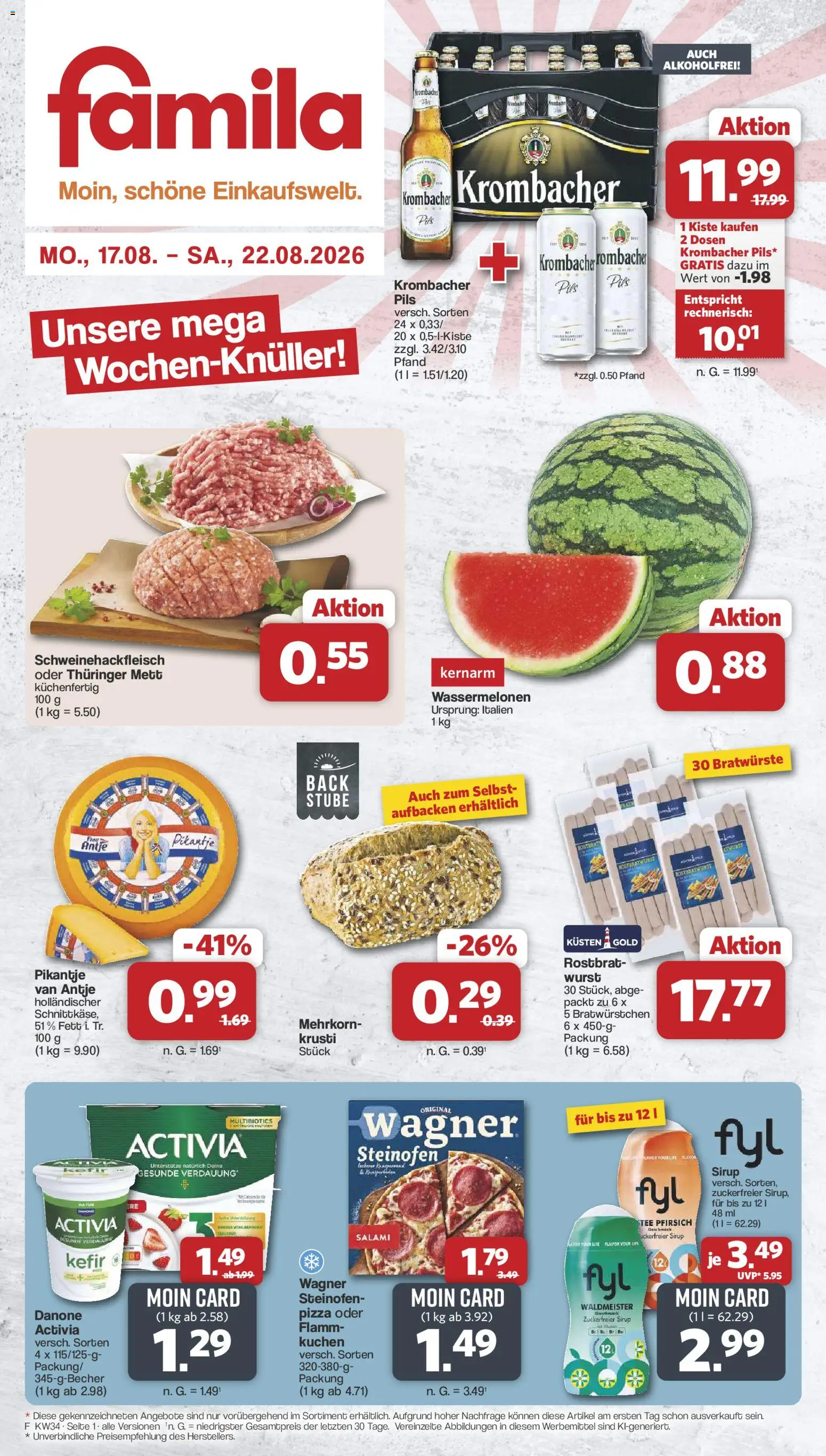 Famila Nordwest Prospekt – gültig ab 17.08.2026 | Seite: 1 | Produkte: Kefir, Pfirsich, Krombacher, Kuchen
