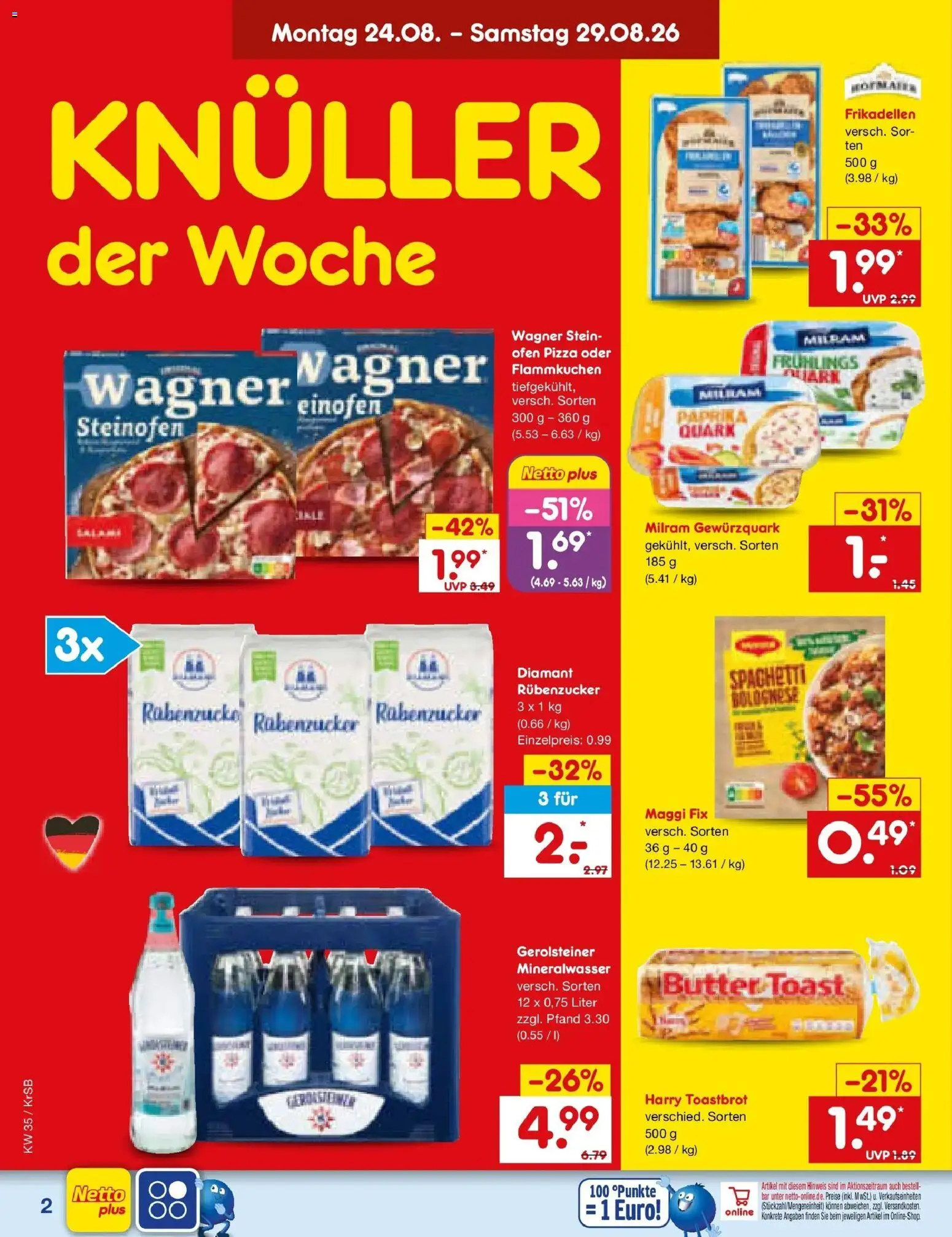 Netto Marken-Discount Prospekt Baesweiler – gültig ab 24.08.2026 | Seite: 2 | Produkte: Quark, Toast, Mineralwasser, Maggi fix