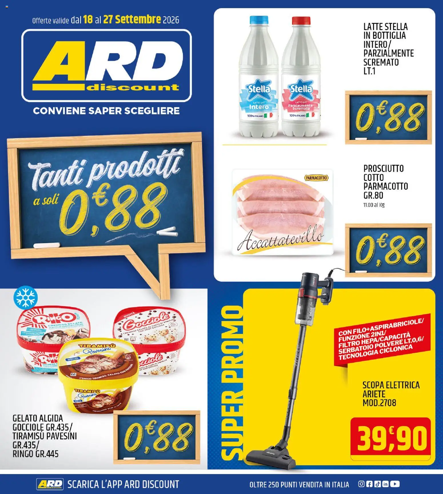 Volantino ARD Discount del 18/09/2026 | Pagina: 1 | Prodotti: Scopa elettrica, Latte, Scopa, Bottiglia