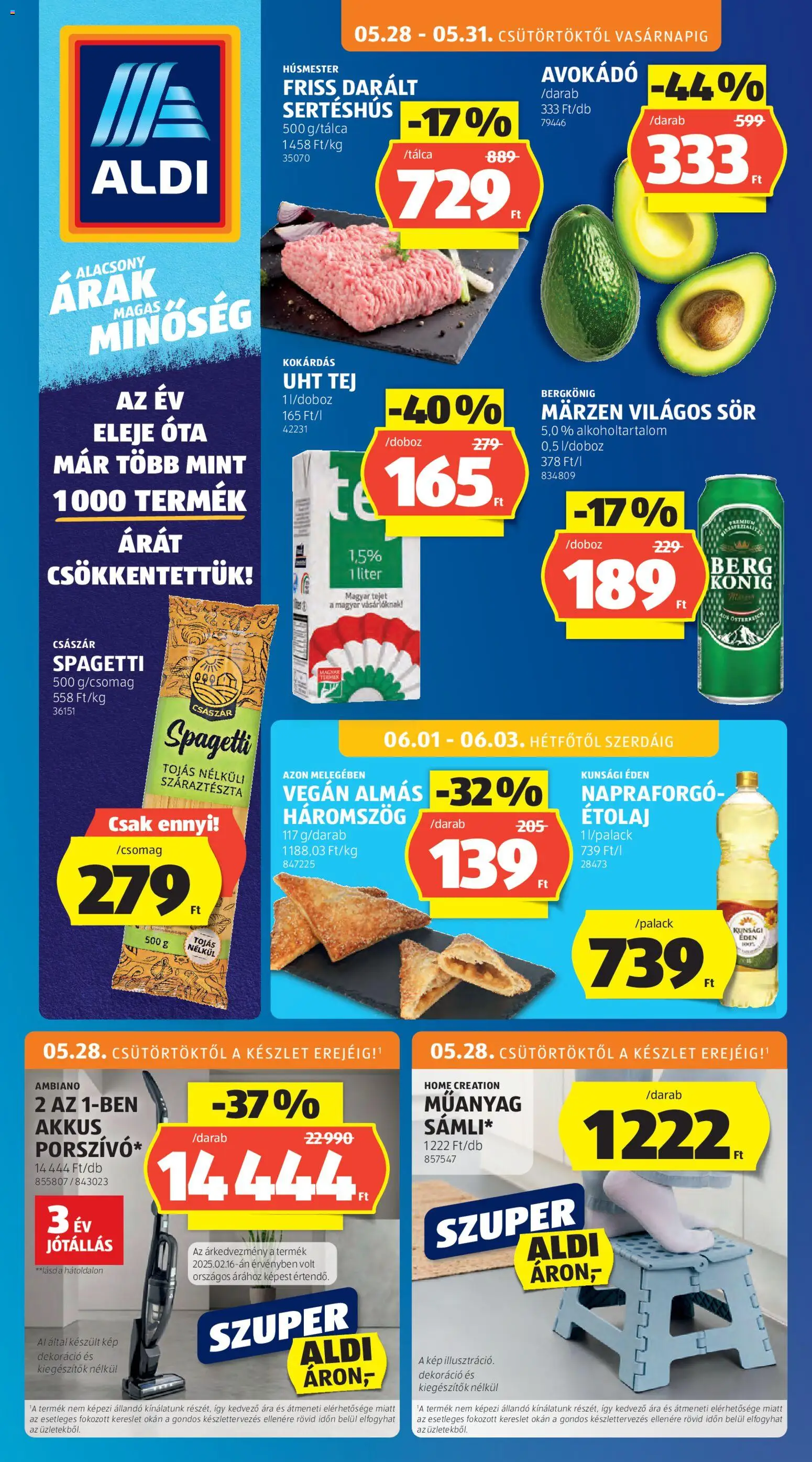 Aldi akciós ujság - amely érvényes a következő dátumtól: 28.05.2026 | Oldal: 1 | Termékek: Spagetti, Doboz, Sertéshús, Avokádó