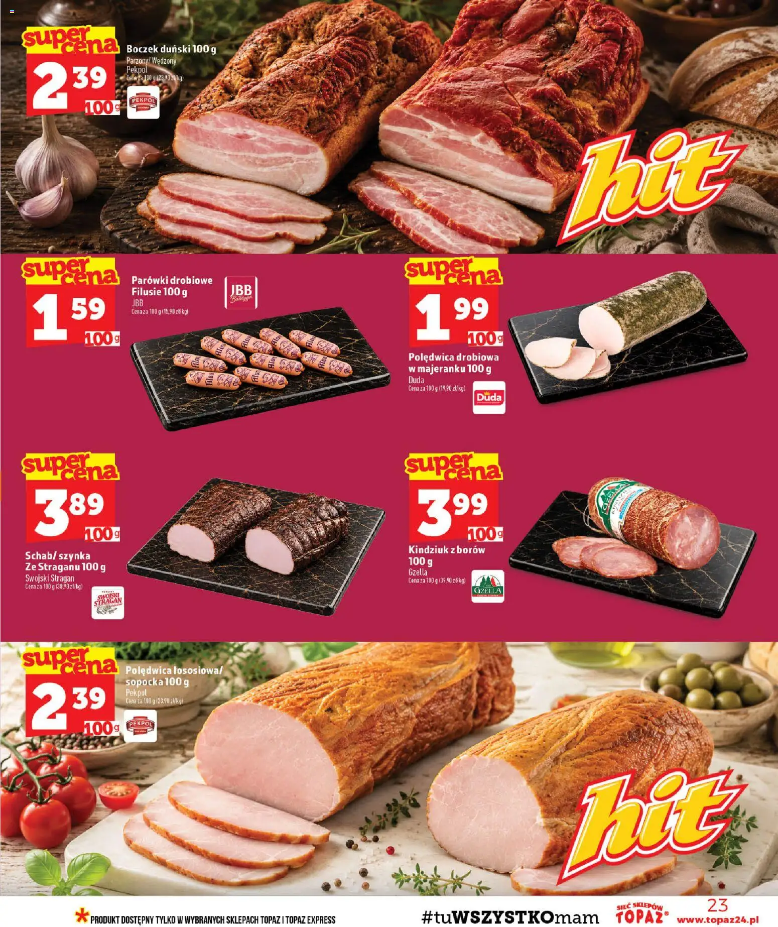Topaz gazetka - MAZ od 10.09.2026 | Strona: 23 | Produkty: Parówki, Szynka, Boczek, Kindziuk