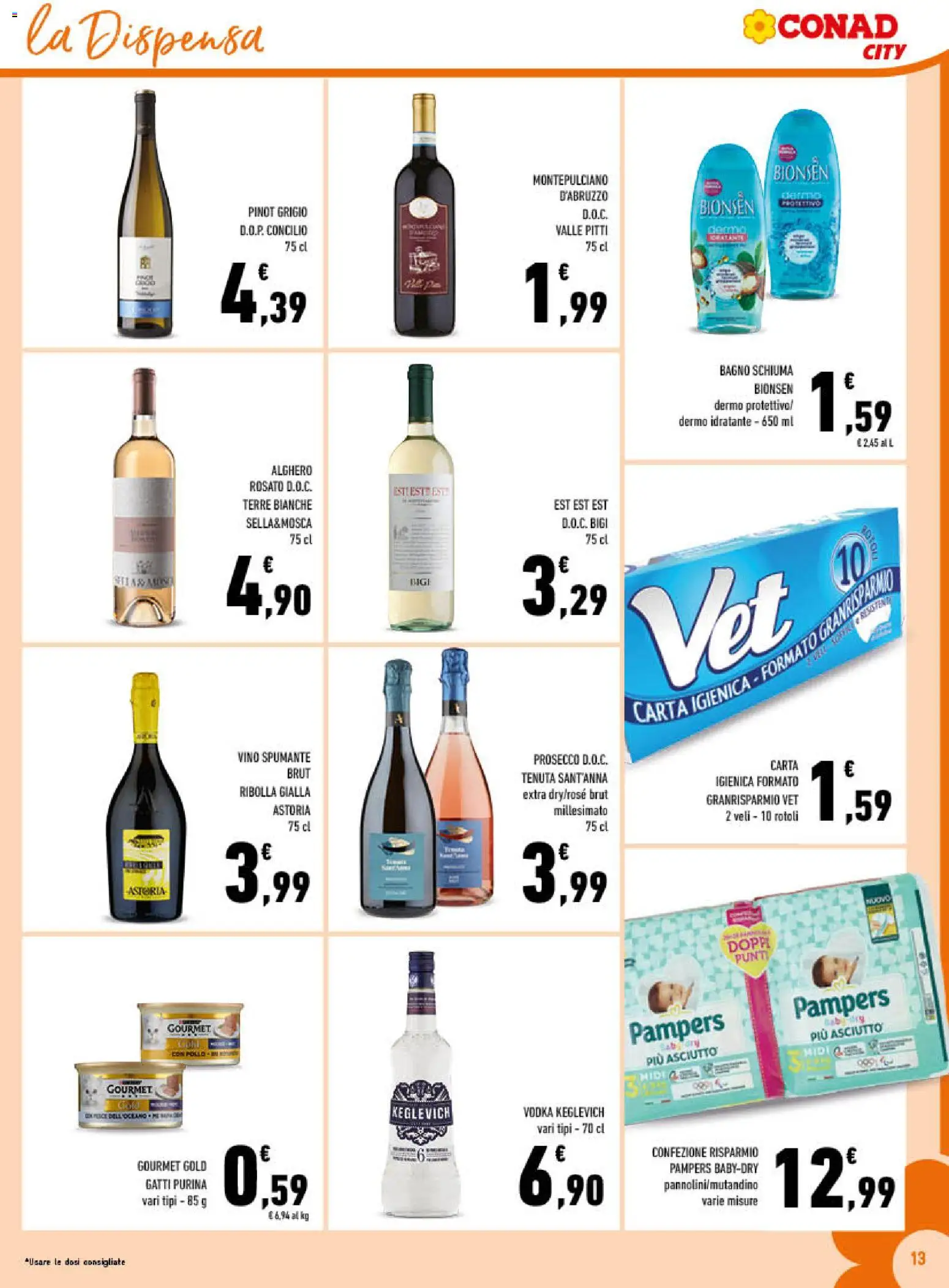 Volantino Conad del 29/07/2026 | Pagina: 13 | Prodotti: Carta igienica, Vodka, Spumante, Pampers