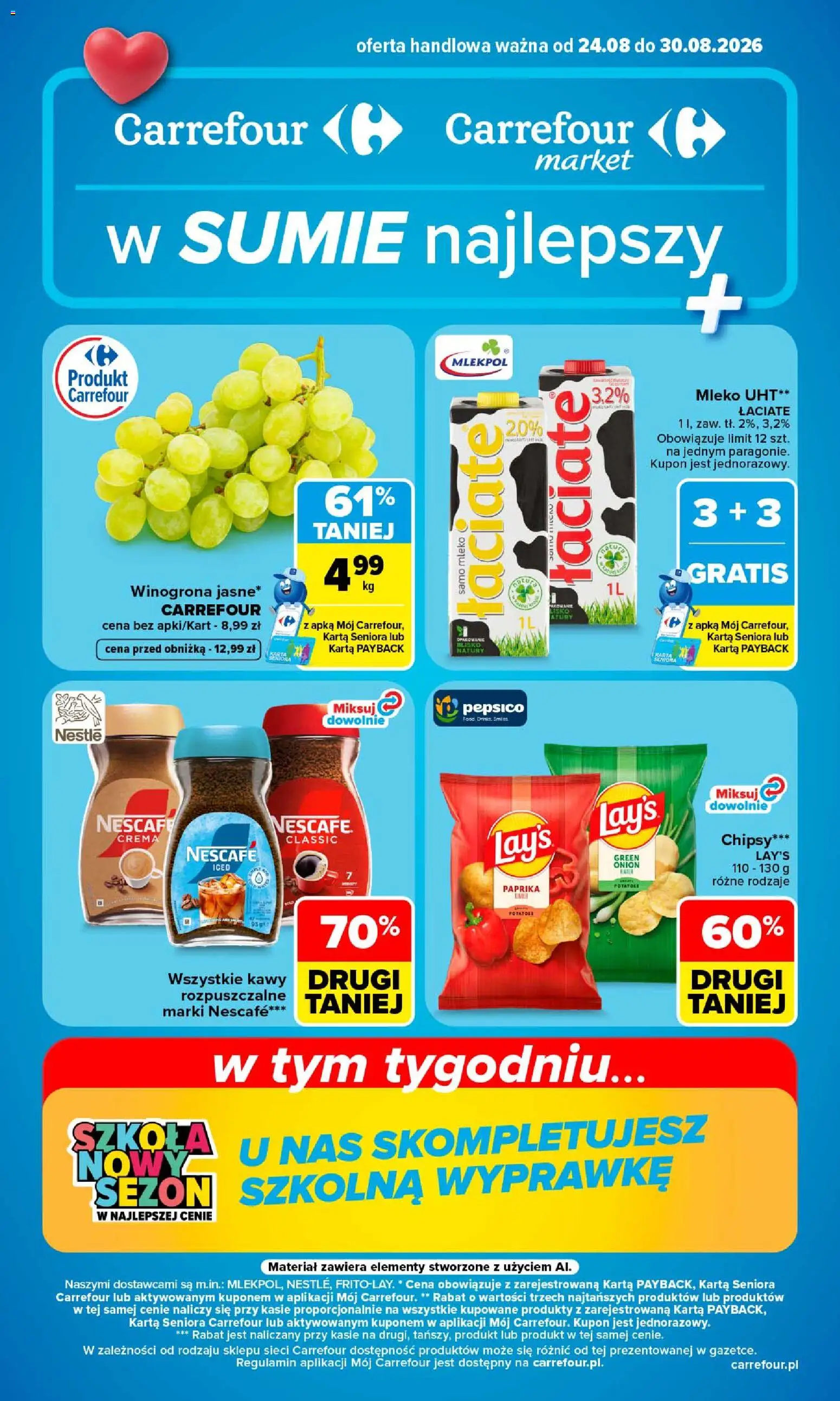 Carrefour gazetka od 24.08.2026 | Strona: 1 | Produkty: Winogrona, Chipsy, Mleko, Mleko UHT