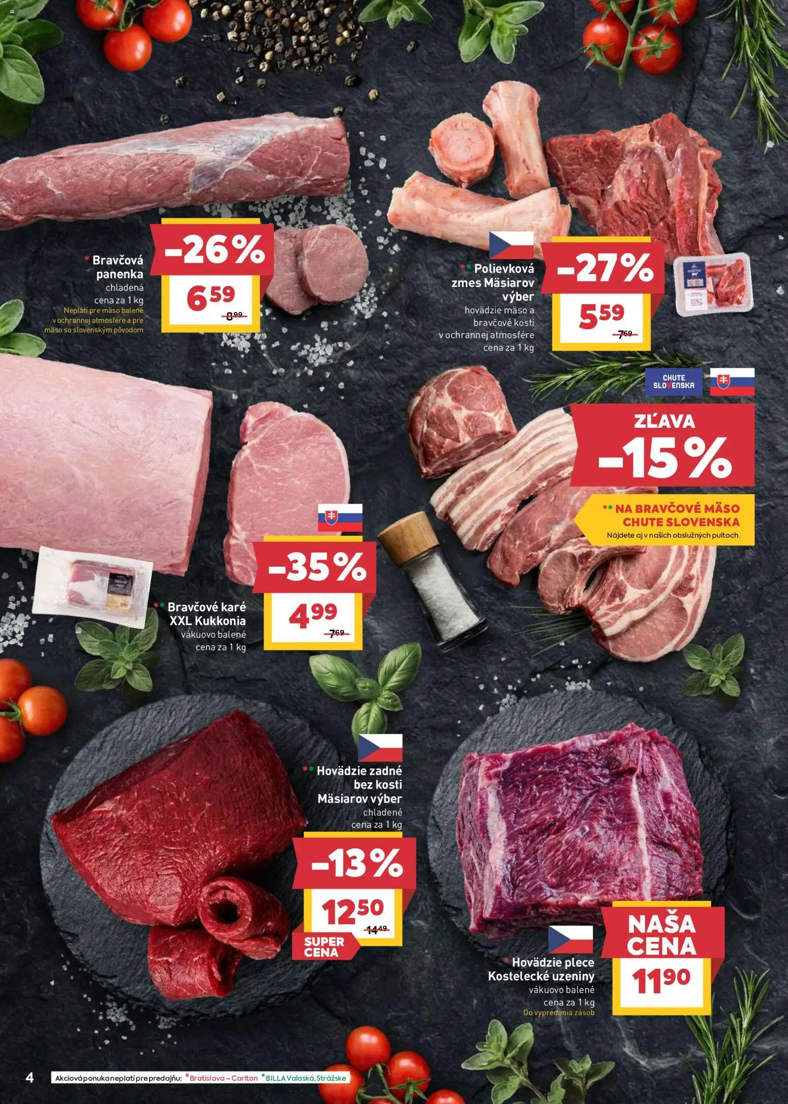 Nové Billa akcie – leták je platný od 27.05.2026 | Strana: 4 | Produkty: Hovädzie mäso, Bravčová panenka, Bravčové mäso, Bravčové karé