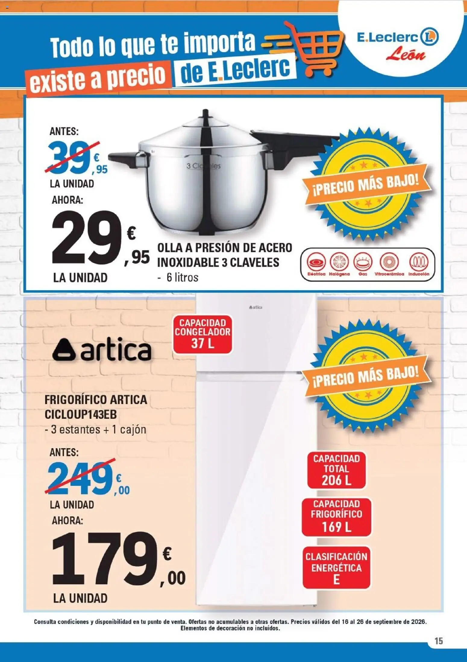 E.Leclerc - León │ válido desde el 16/09/2026 | Página: 15 | Productos: Olla a presión, Té, Congelador, Decoración
