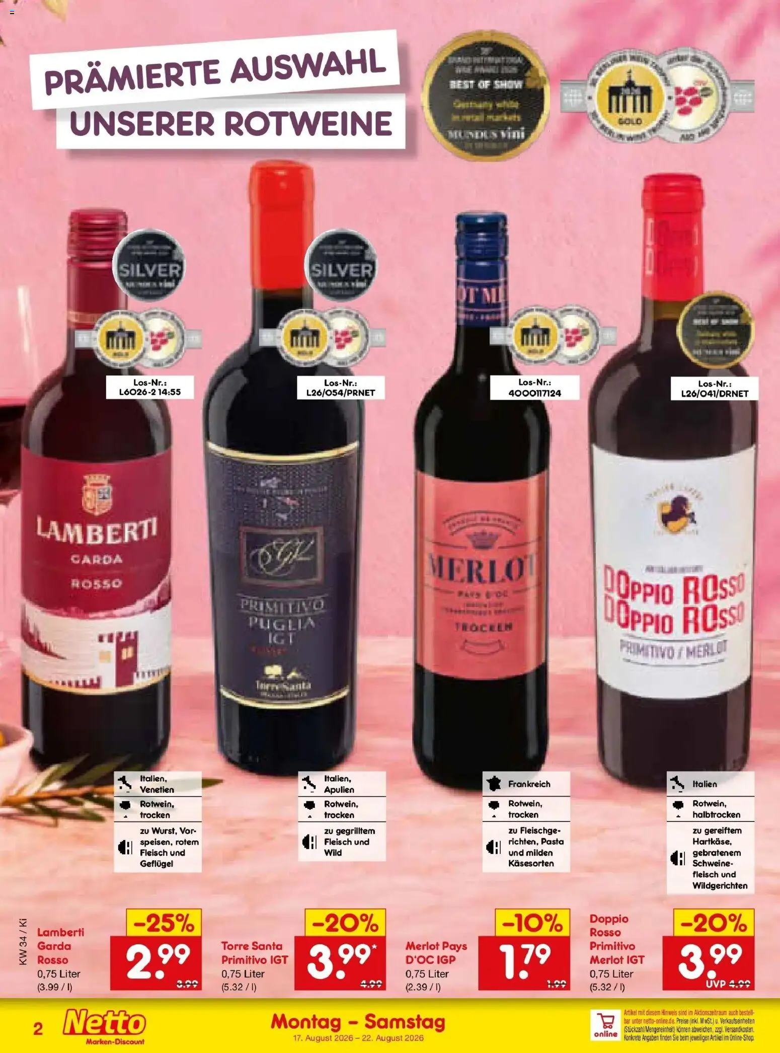 Netto Marken-Discount Prospekt Oberhaid – gültig ab 17.08.2026 | Seite: 46 | Produkte: Merlot, Pasta, Fleisch