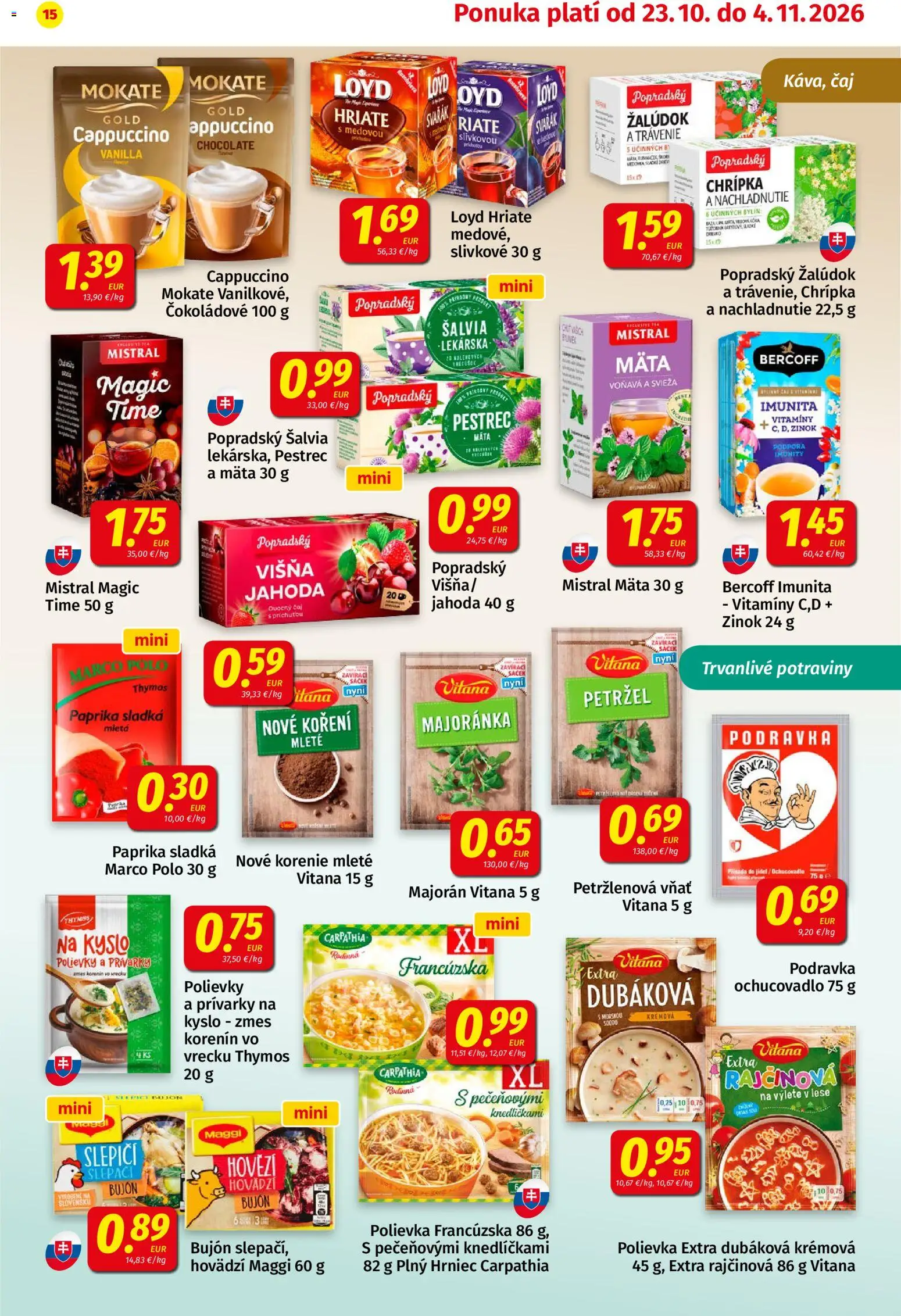 Nové Koruna akcie – leták je platný od 23.10.2026 | Strana: 15 | Produkty: Čaj, Polievky, Korenie, Majorán