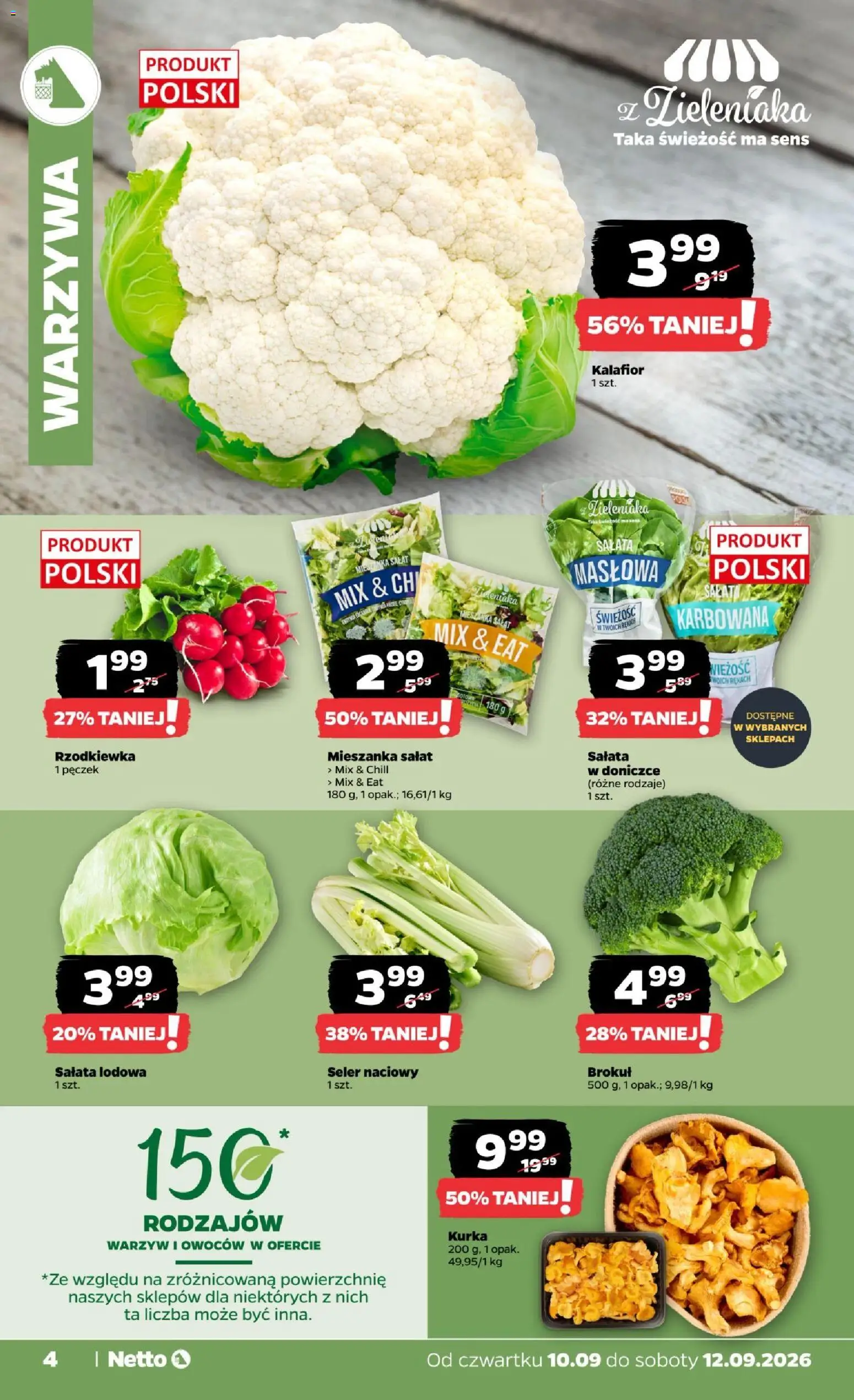 Netto gazetka od czwartku od 10.09.2026 | Strona: 4 | Produkty: Kalafior, Sałata, Salata lodowa, Warzywa