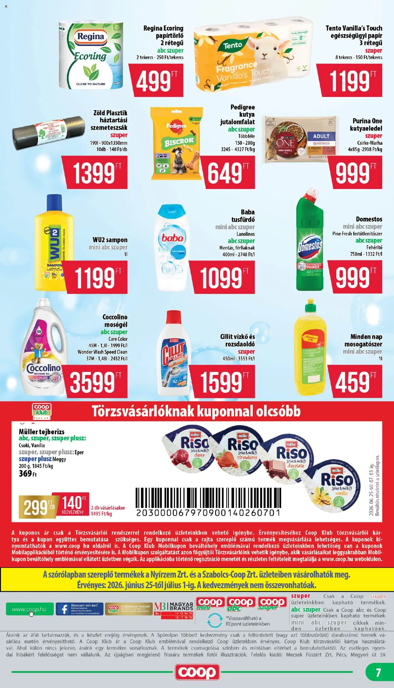 COOP akciós ujság - amely érvényes a következő dátumtól: 25.06.2026 | Oldal: 7 | Termékek: Tejberizs, Meggy, Purina one, Mosógél