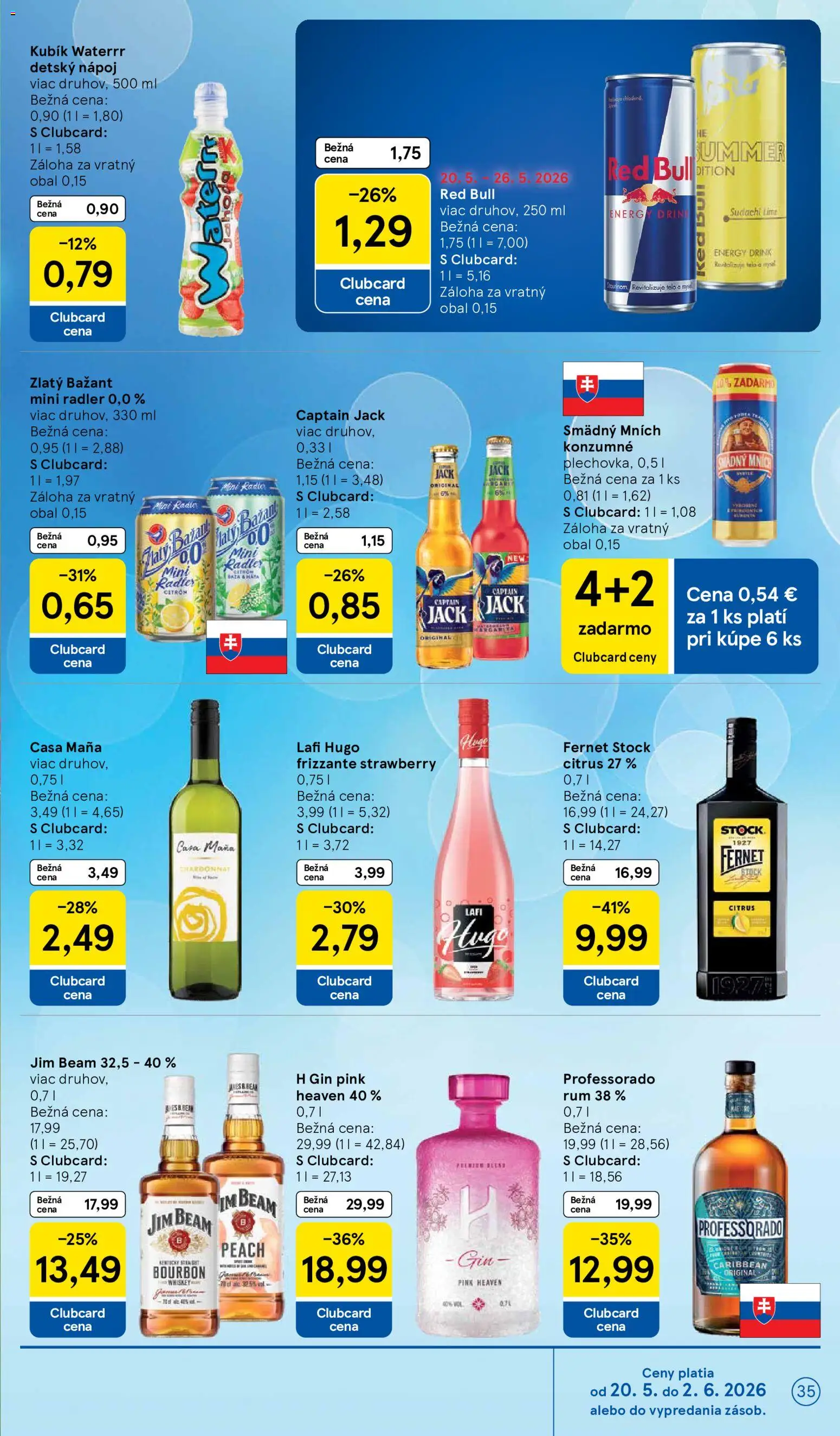 Nové Tesco akcie – leták je platný od 20.05.2026 | Strana: 35 | Produkty: Radler, Red Bull, Bourbon, Smädný Mních