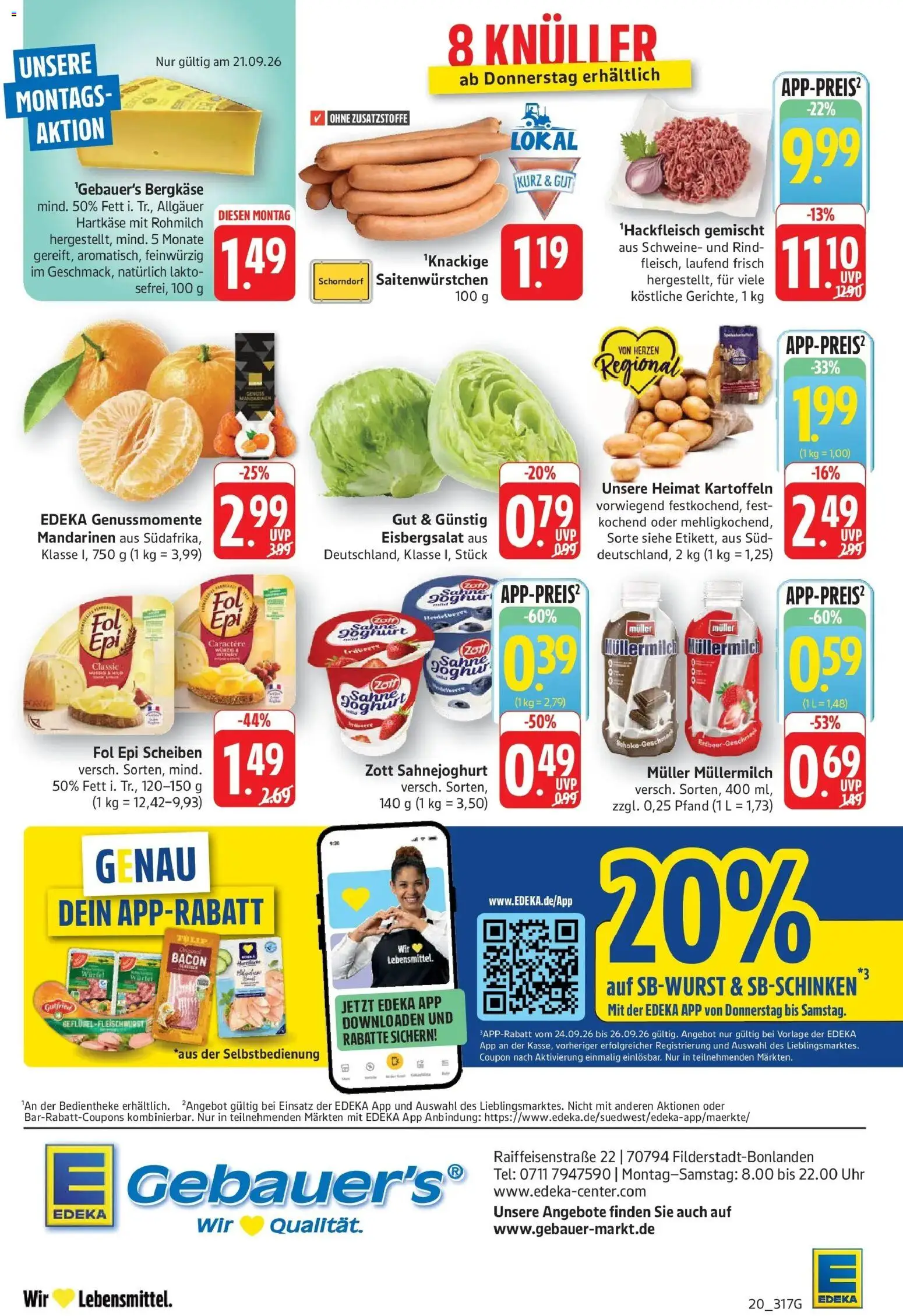 Edeka Prospekt Filderstadt-Bonlanden (ab 21.09.2026) » Angebote Online | Seite: 20 | Produkte: Mandarinen, Eisbergsalat, Kartoffeln, Muller mullermilch