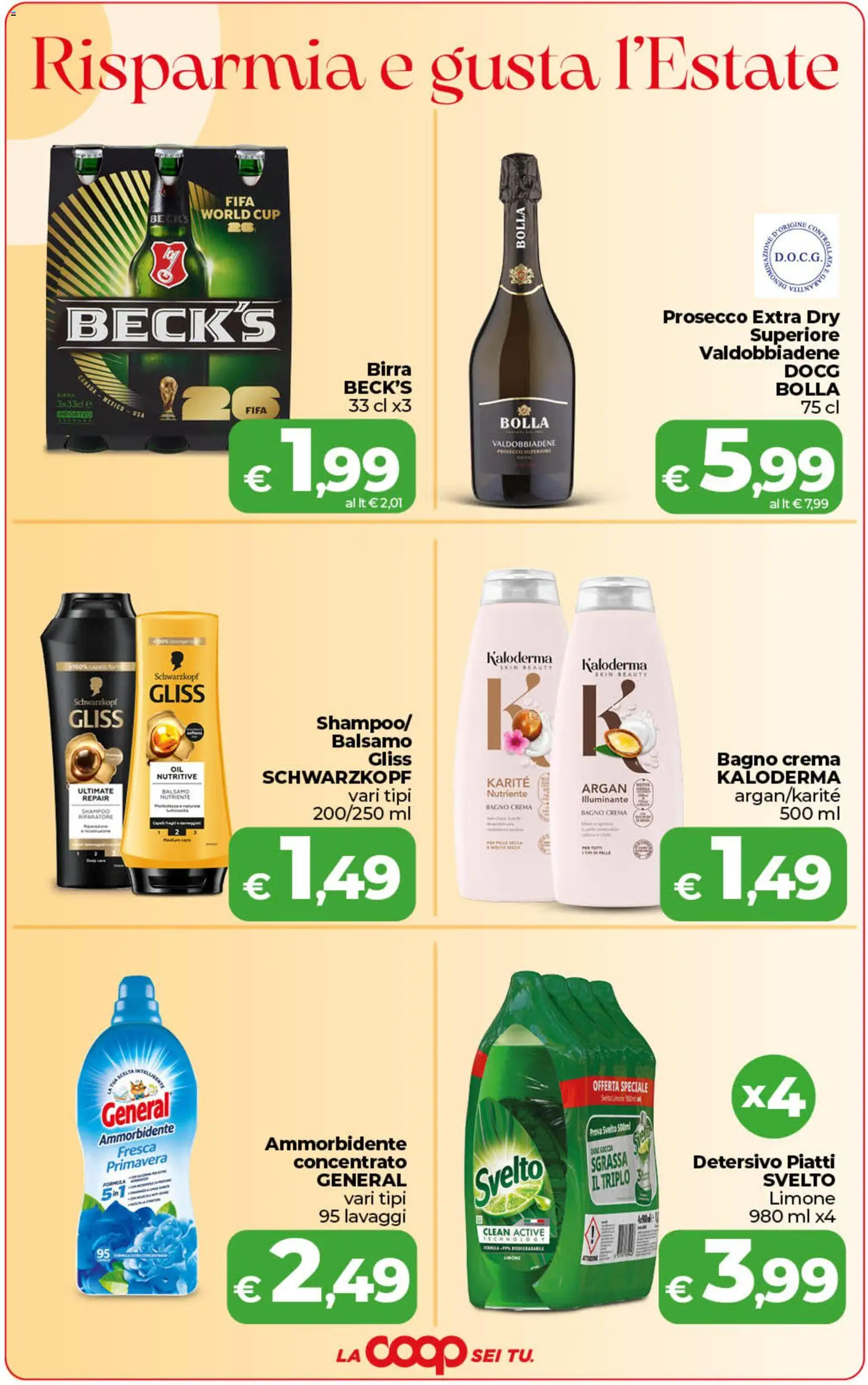 Volantino COOP del 10/07/2026 | Pagina: 4 | Prodotti: Shampoo, Ammorbidente, Prosecco, Limone