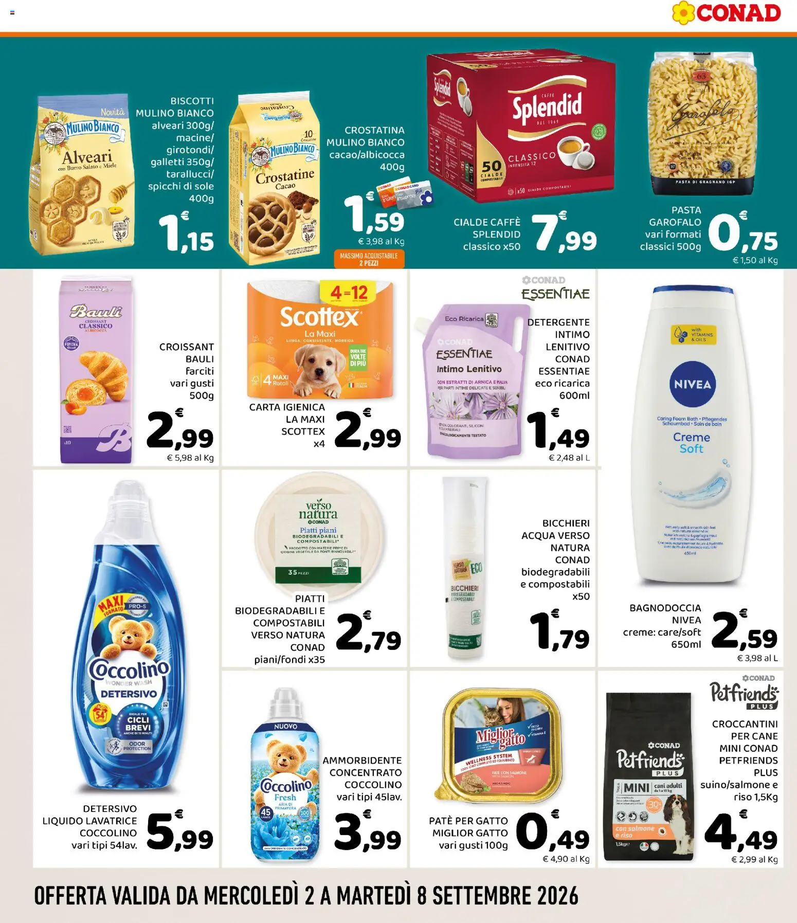Volantino Conad del 02/09/2026 | Pagina: 4 | Prodotti: Paté, Acqua, Pasta, Cialde